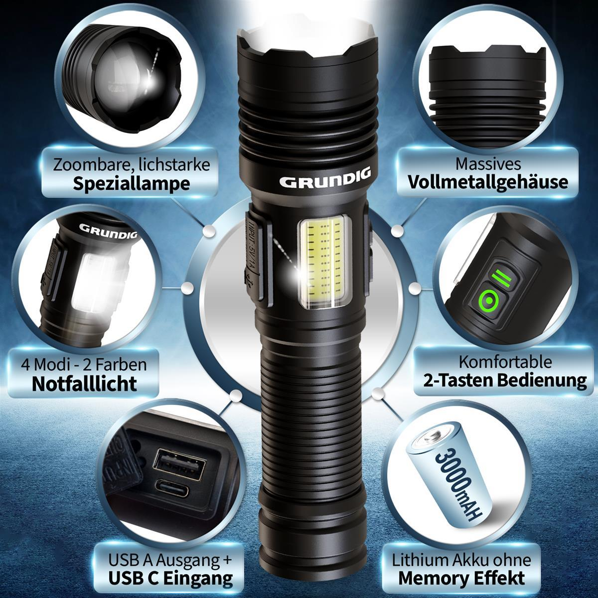 Schwarze Grundig LED-Taschenlampe mit Zoom, Notlicht, USB-Anschlüssen und 3000mAh Akku.