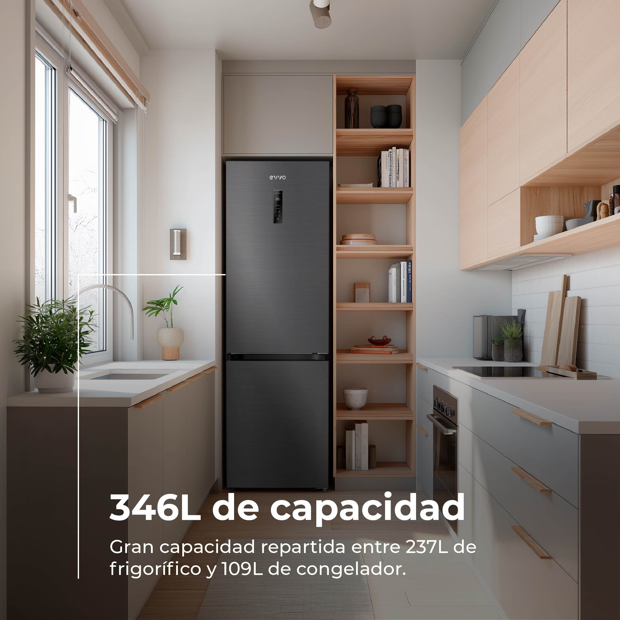 Cocina moderna con frigorífico oscuro, muebles de madera clara y encimera blanca.