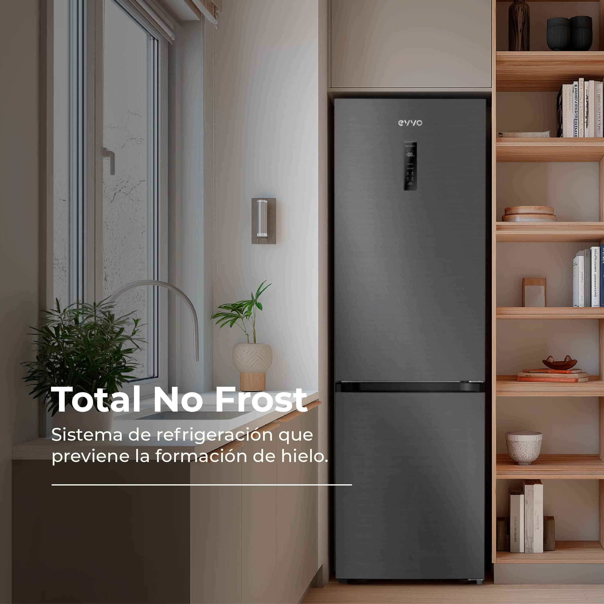 Nevera combi moderna de acero inoxidable gris en una cocina elegante con suelo de madera y estanterías.