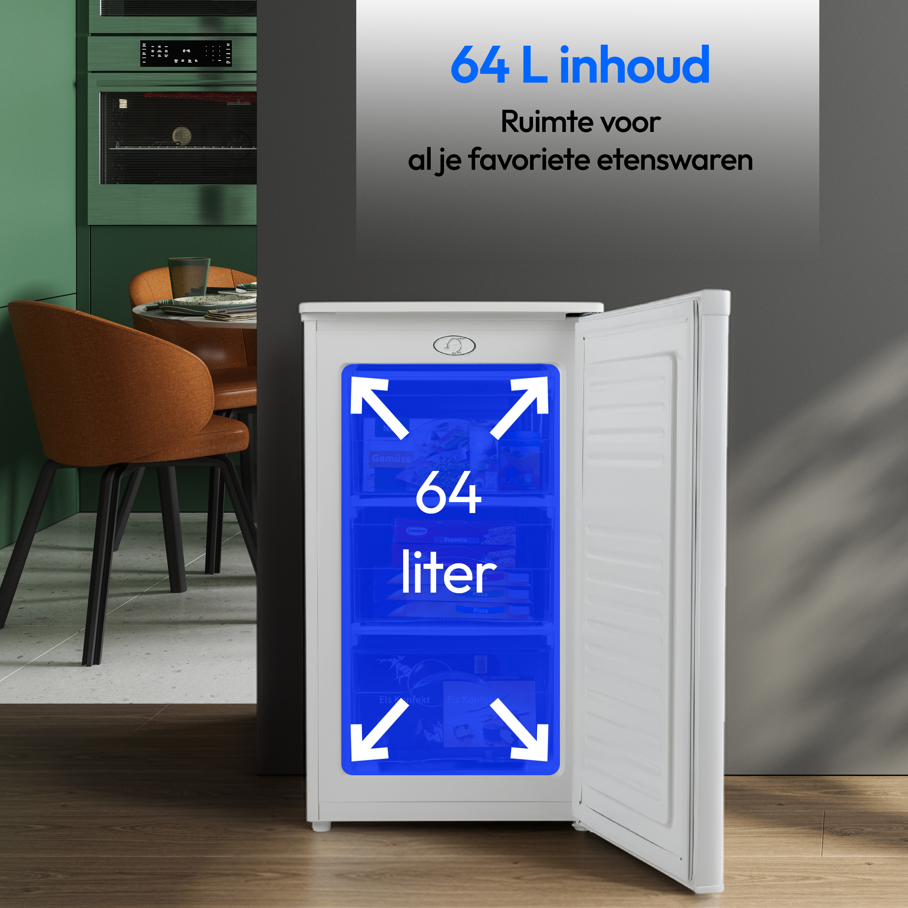 Ein weißer Gefrierschrank mit 64 Litern Fassungsvermögen steht in einer Küche vor grünem Hintergrund.
