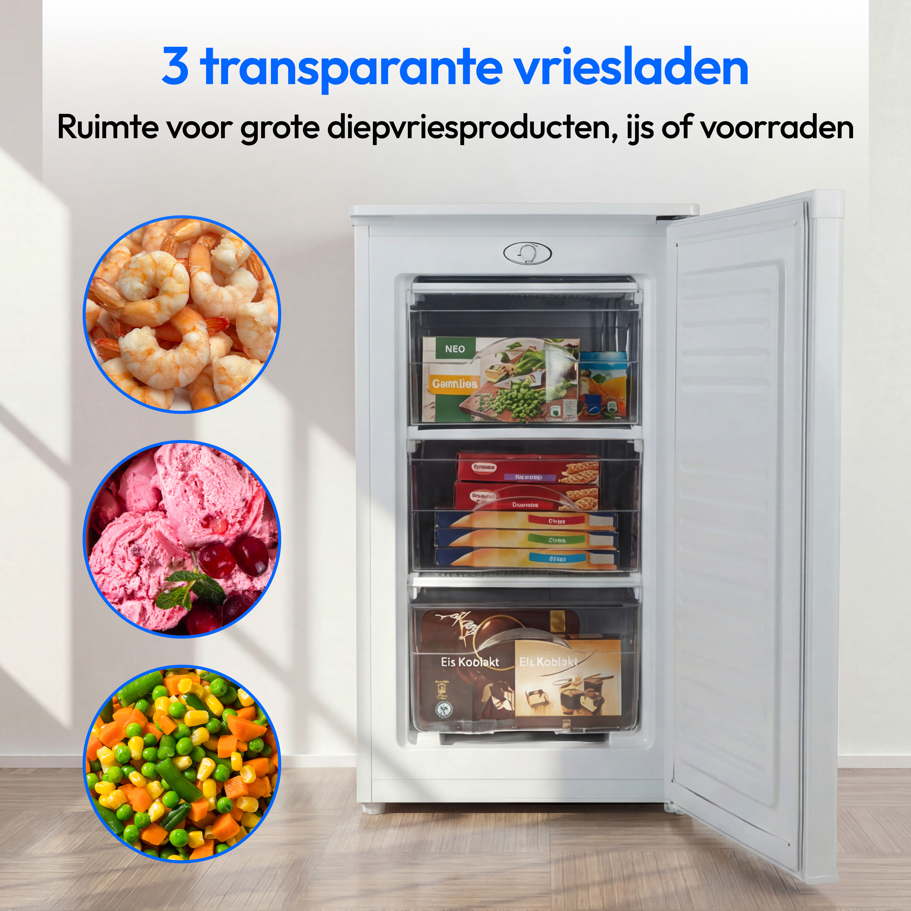 Ein weißer Gefrierschrank mit drei transparenten Schubladen voller Lebensmittel und drei runden Insets mit Garnelen, Eis und Gemüse.