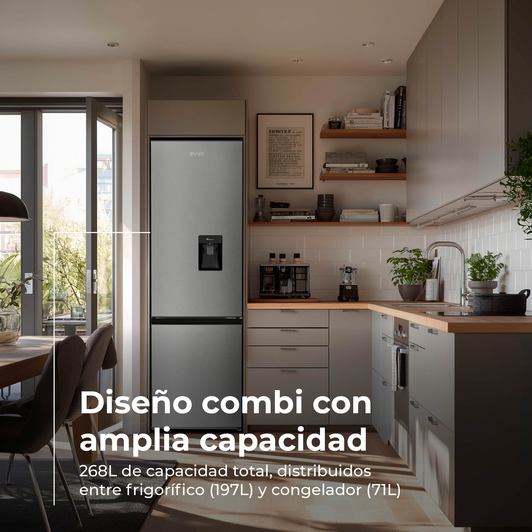 Cocina moderna con frigorífico combi gris, encimeras de madera, azulejos blancos y comedor con puertas de cristal.