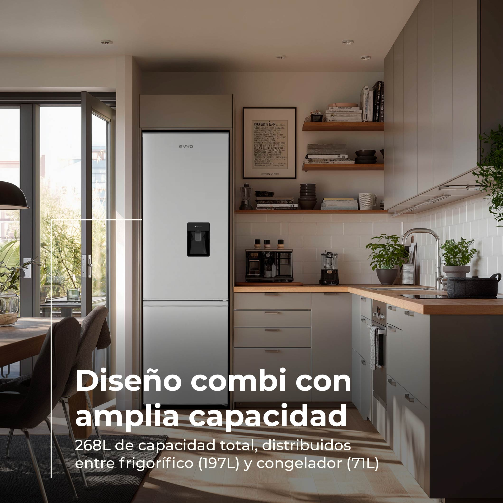 Cocina moderna con frigorífico blanco, encimeras de madera y grandes ventanas con luz natural.