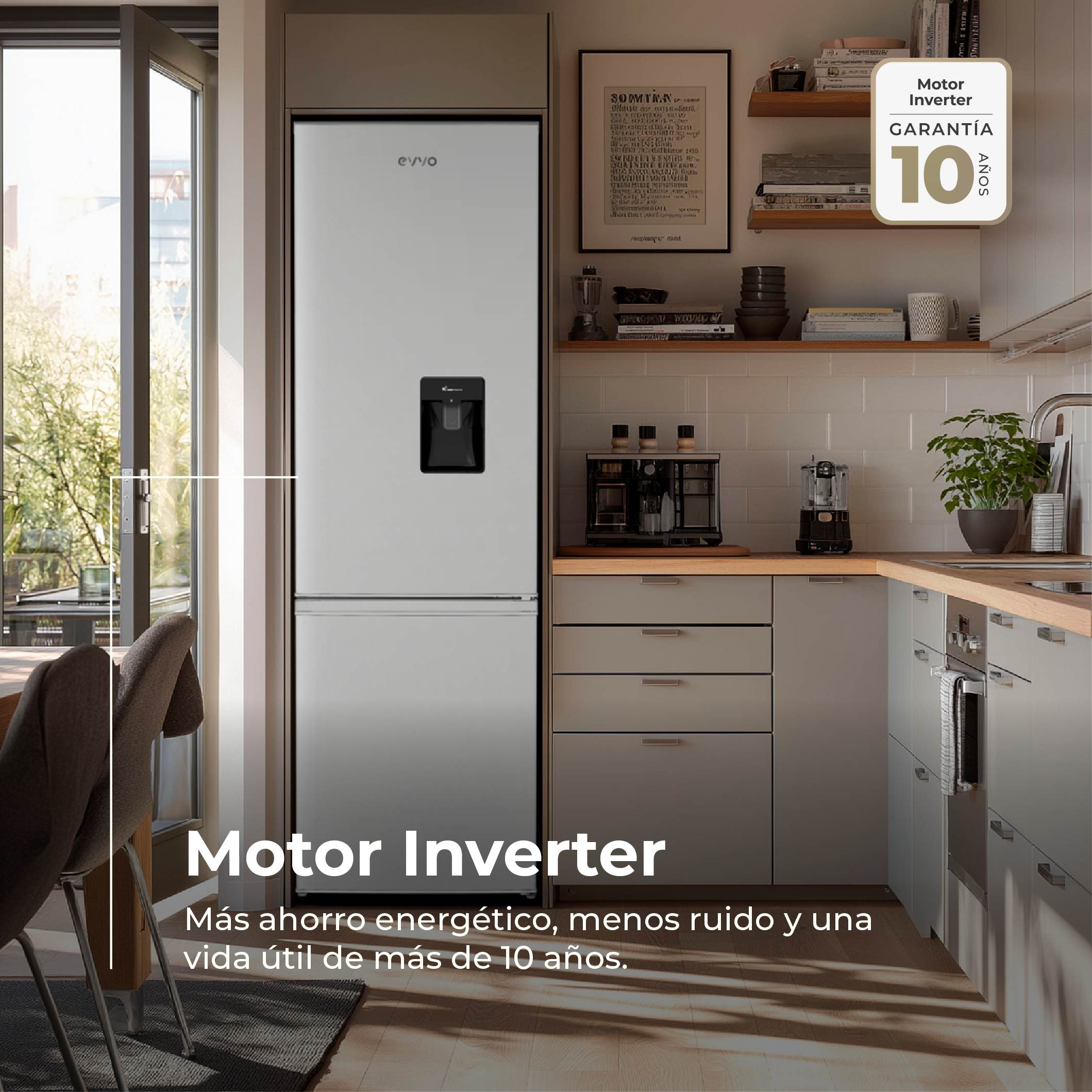 Cocina moderna con refrigerador blanco, barra de madera, cafetera y estantes con vajilla y decoración.