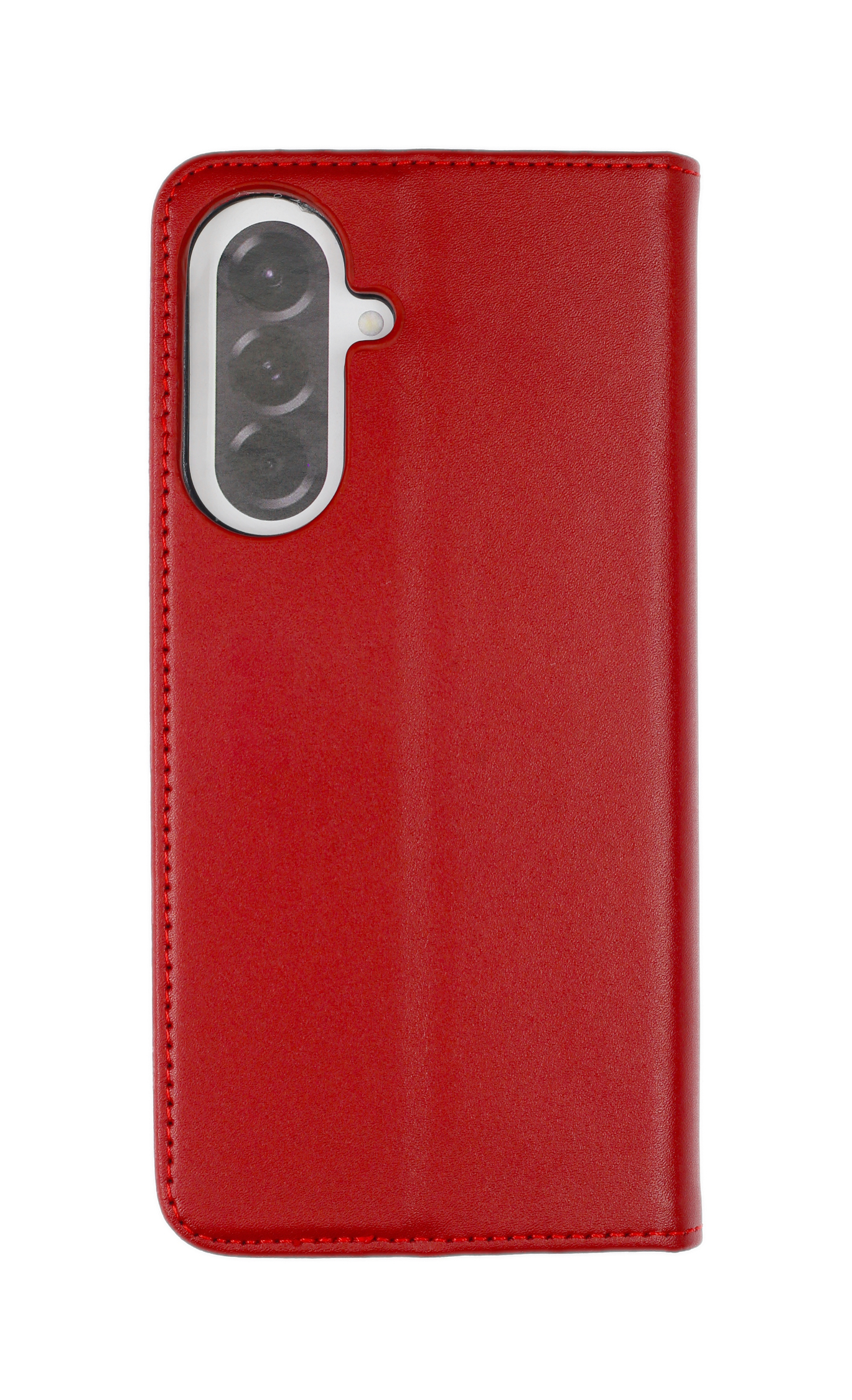 Rotes Leder-Smartphone-Flip-Cover mit vertikalem Kameraausschnitt auf weißem Hintergrund.