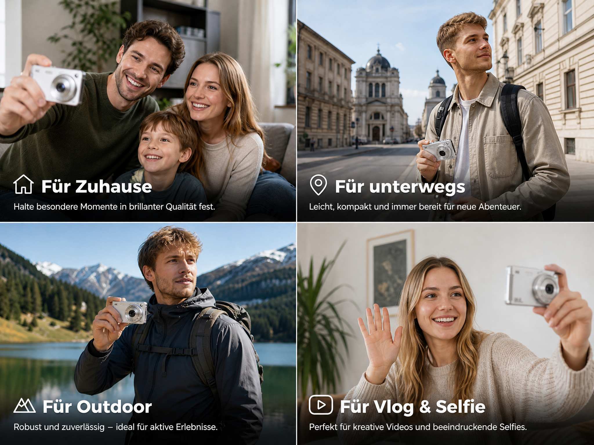Vier Bilder zeigen Menschen mit kleinen Kameras zu Hause, in der Stadt, draußen in der Natur und beim Vloggen.