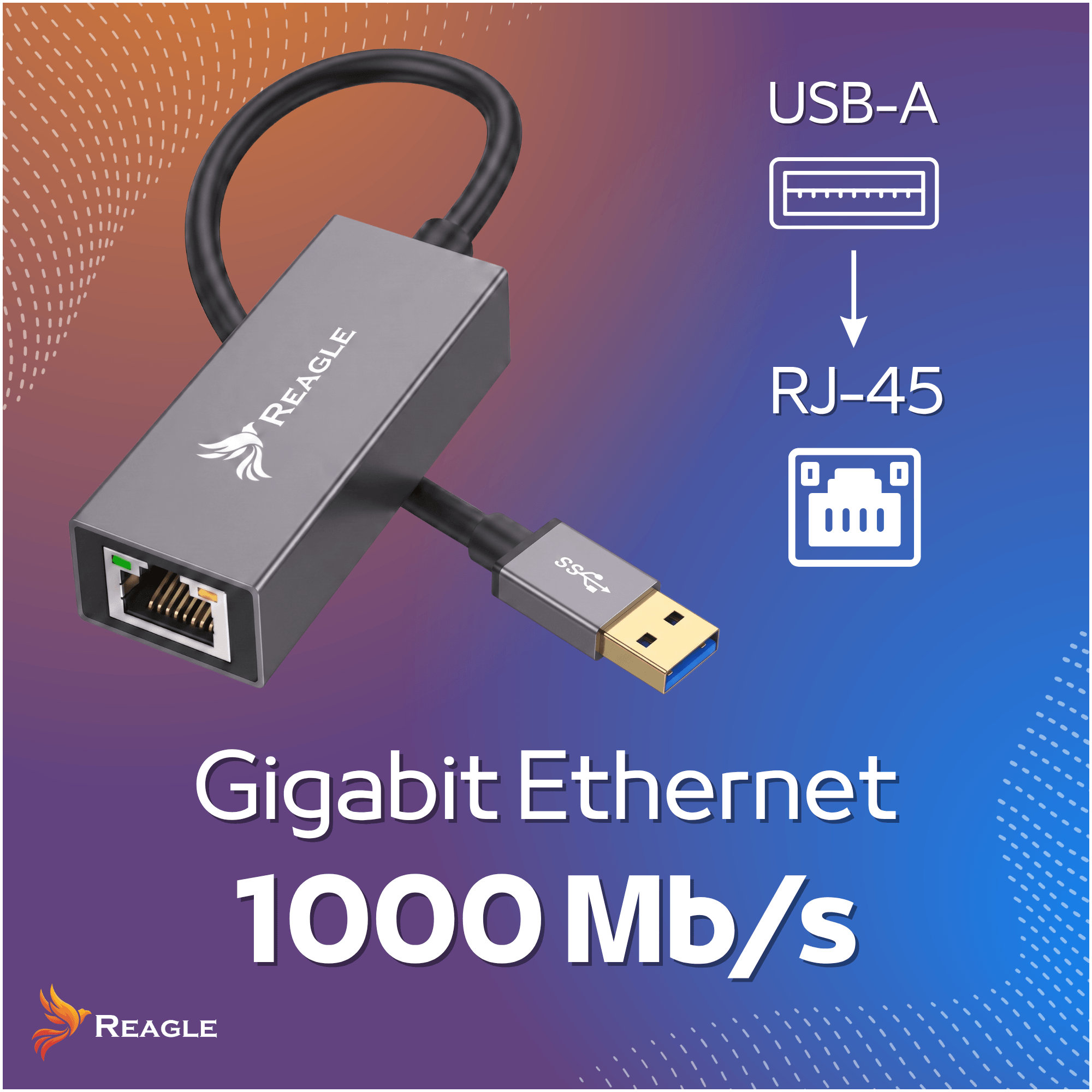 Szary adapter Gigabit Ethernet USB-A do RJ-45 na tle z gradientem i tekstem.