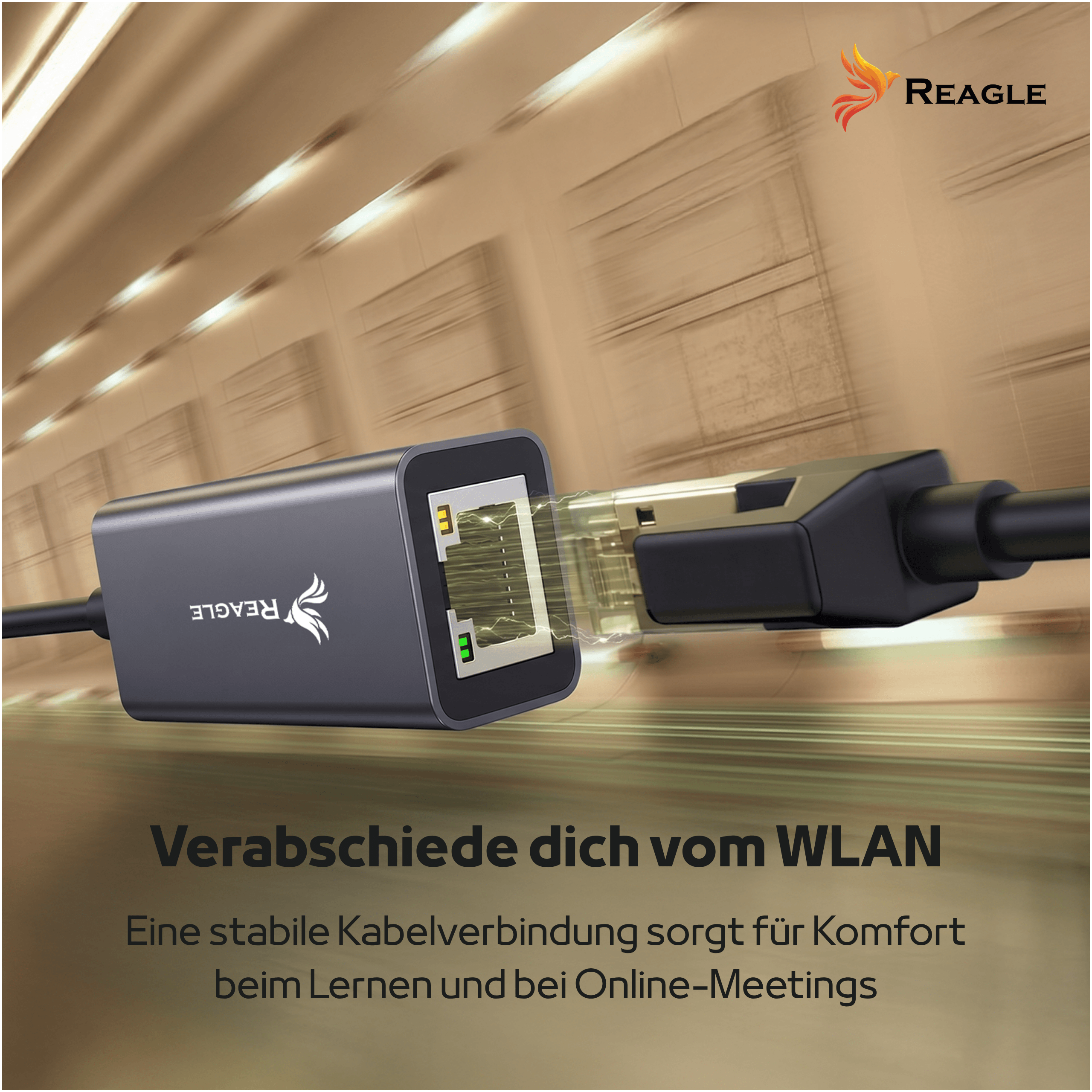 Adapter Ethernet REAGLE łączy się z kablem z iskrami, na tle rozmytego korytarza.