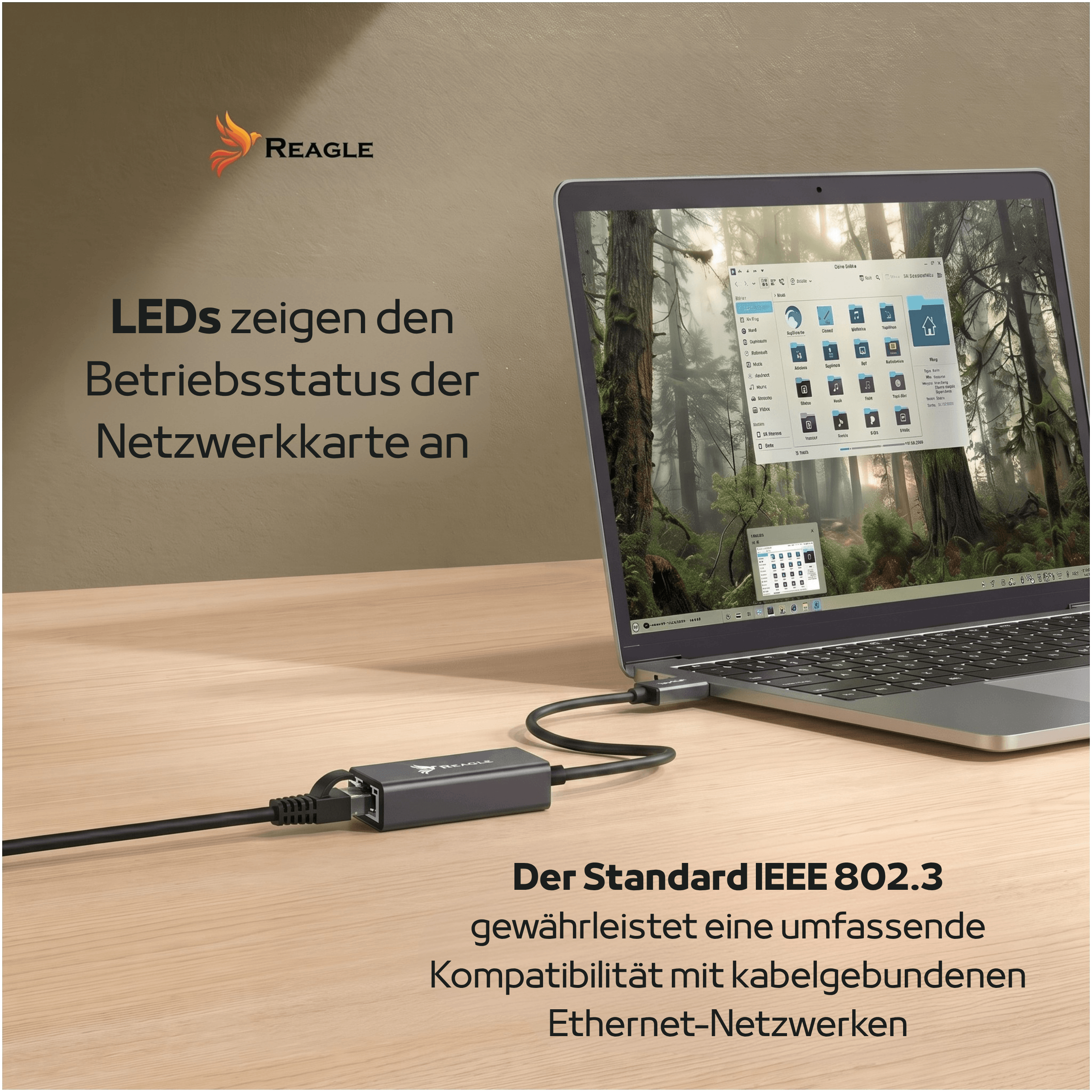 Laptop na drewnianym biurku połączony przez USB z adapterem sieciowym Reagle i niemieckim tekstem.
