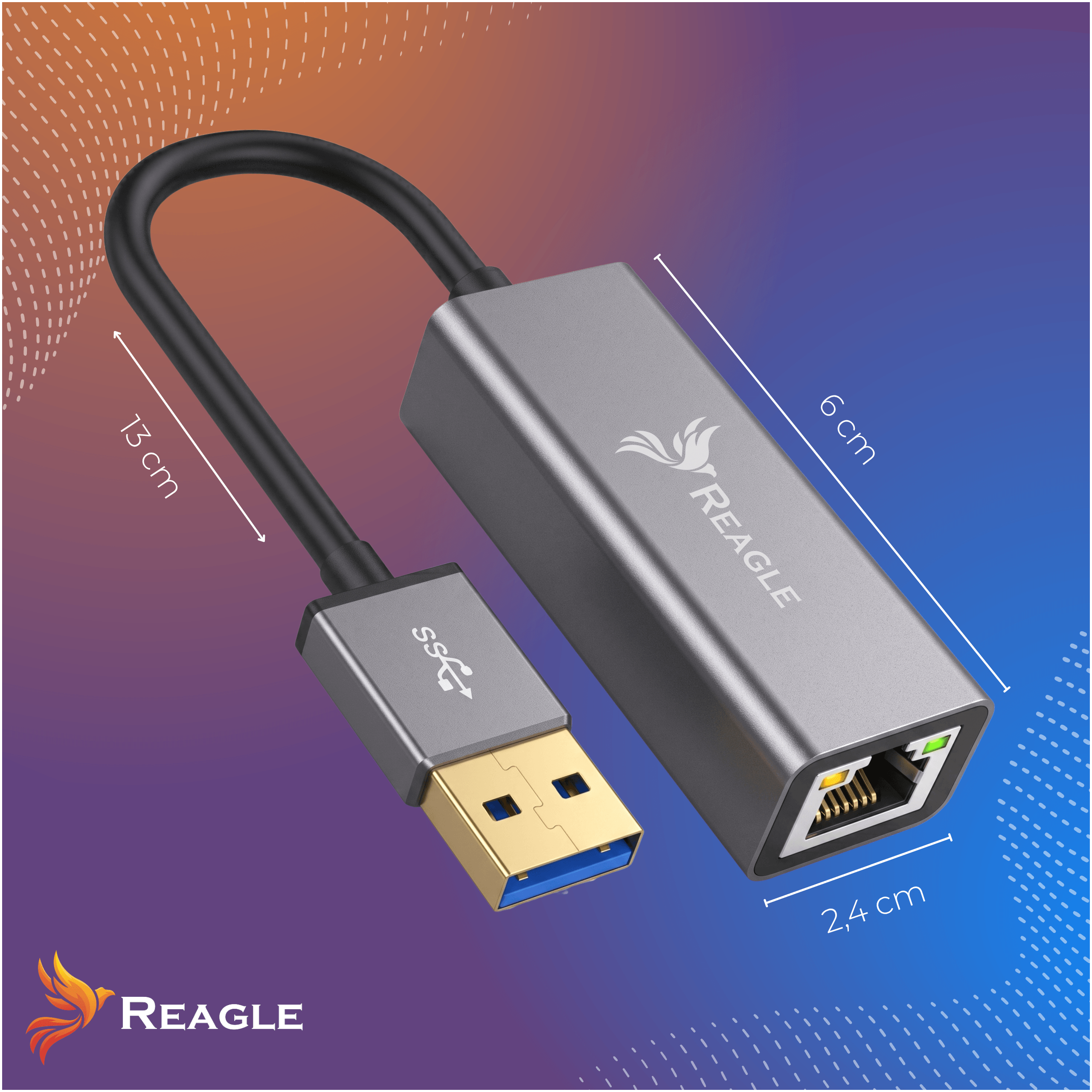 Szary adapter USB na Ethernet Reagle z kablem i wymiarami na niebiesko-pomarańczowym tle.