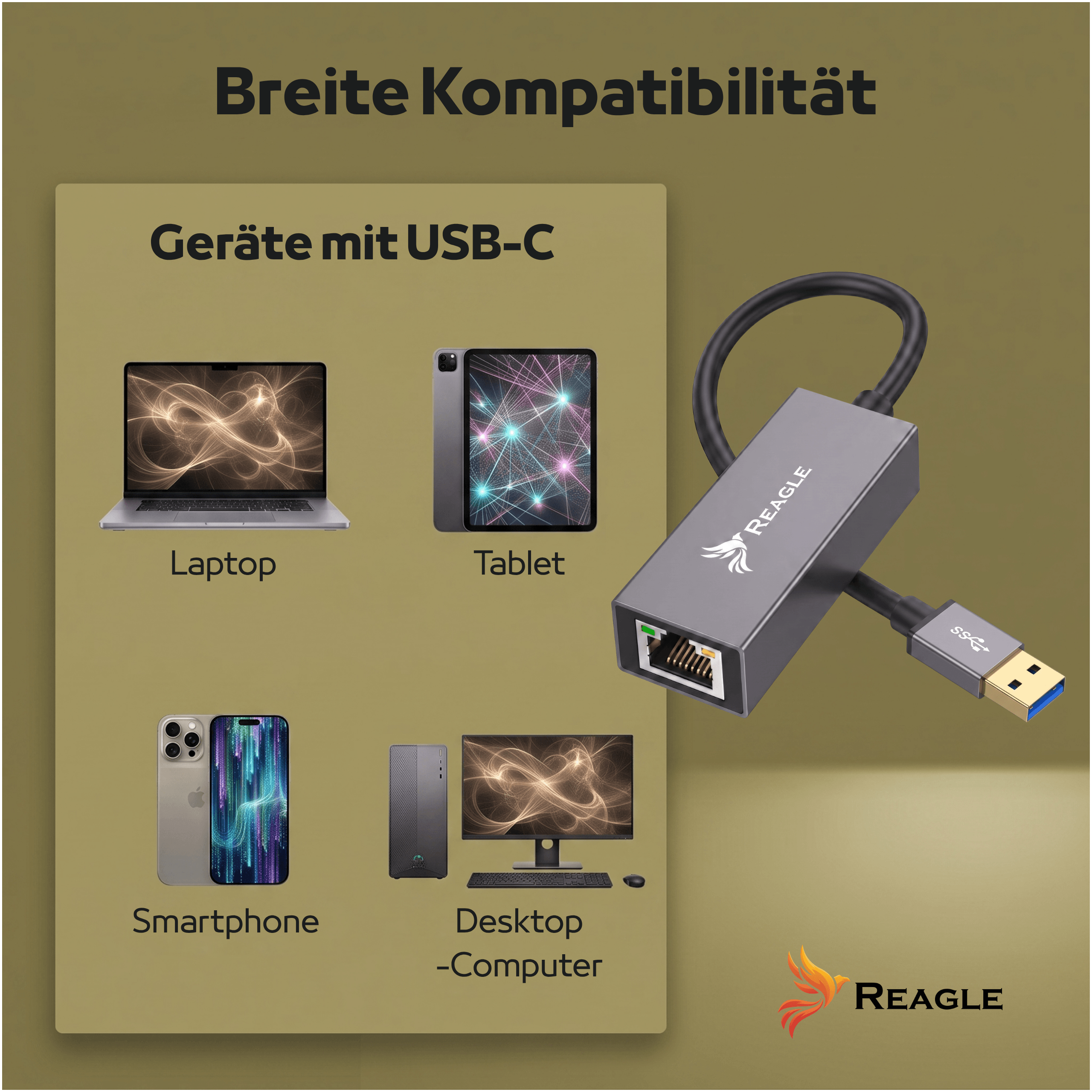 Szary adapter Reagle USB-C do Ethernetu jest wyświetlany obok kompatybilnych urządzeń.