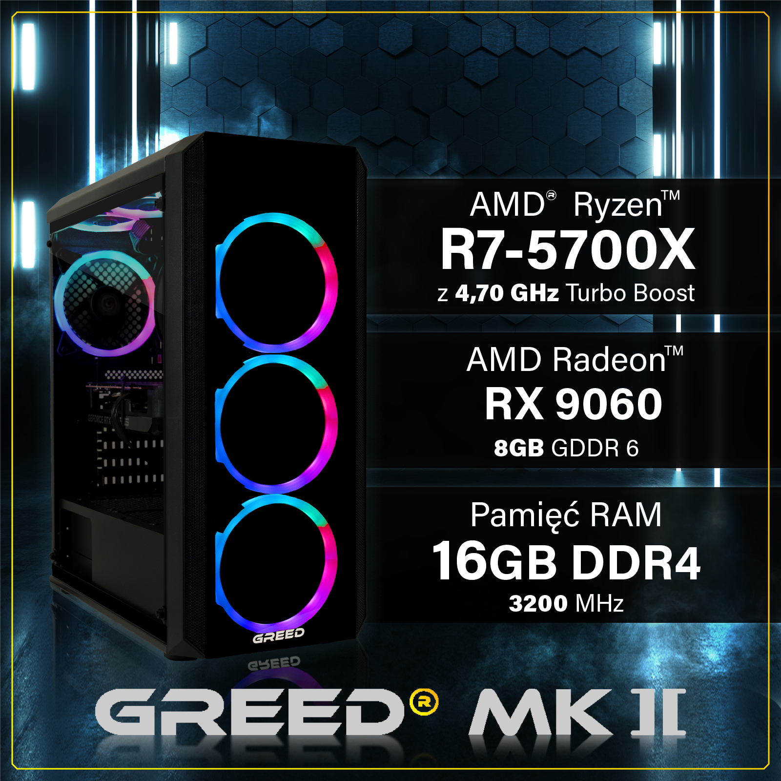 Czarny komputer gamingowy Greed MK II z wentylatorami RGB i specyfikacją na ciemnym tle.