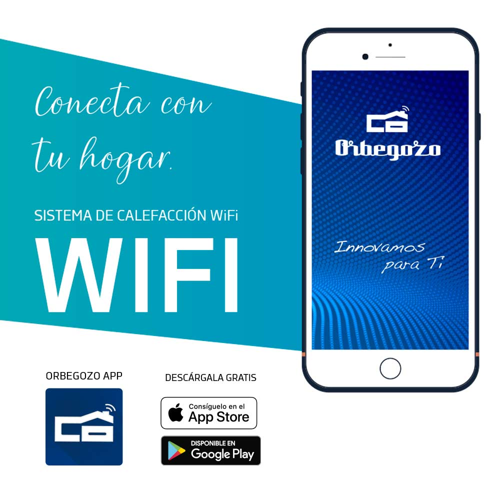 Pubblicità dell'app di riscaldamento WiFi Orbegozo su smartphone, con icone di store su sfondo verde acqua.
