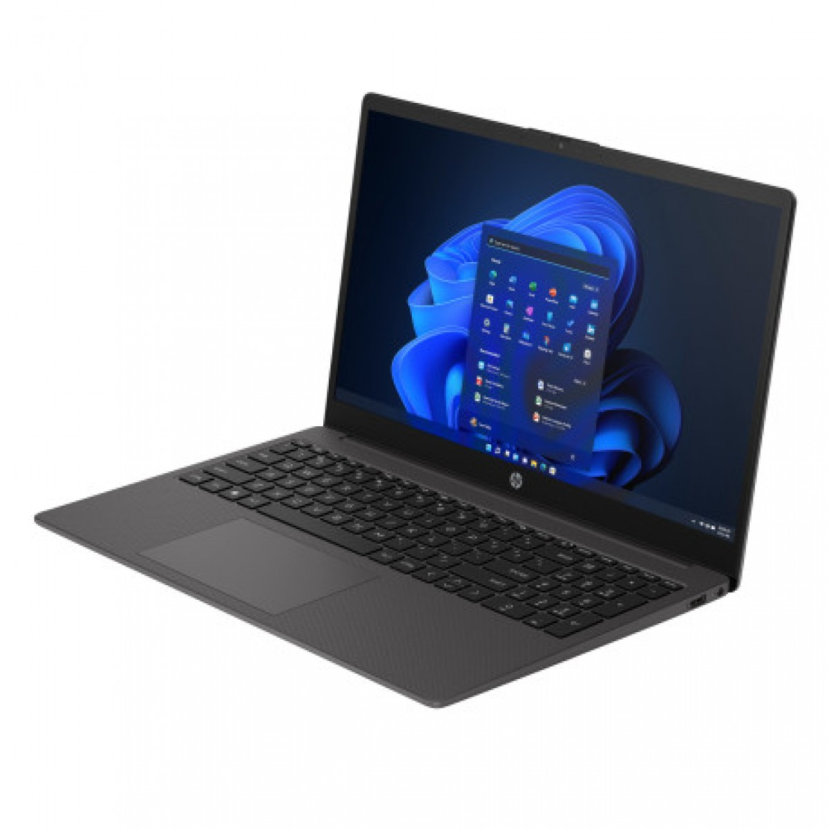 Beyaz arka planda gri bir dizüstü bilgisayar, mavi spiralli Windows ekranını gösteriyor.