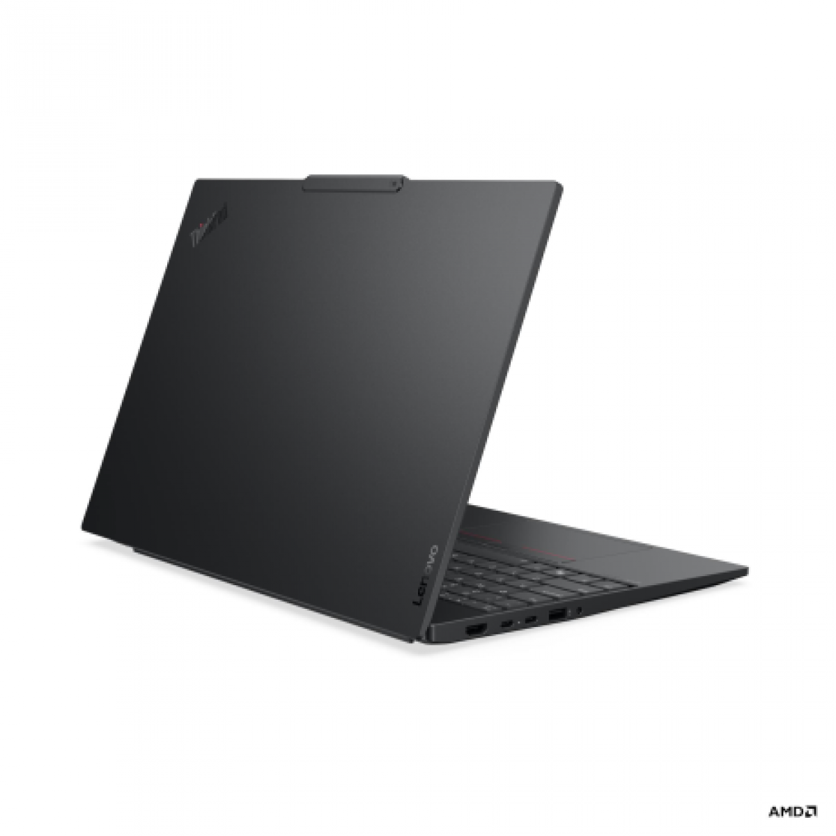 Beyaz bir yüzey üzerinde kapağı ve klavyesi görünen siyah bir Lenovo ThinkPad dizüstü bilgisayar.