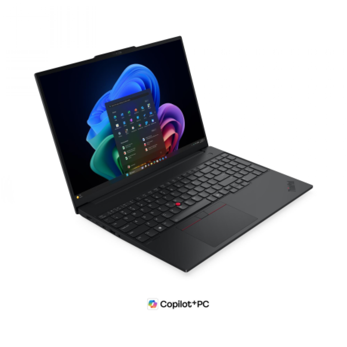 Siyah bir ThinkPad dizüstü bilgisayar açık, beyaz arka planda simgeler içeren renkli bir Windows duvar kağıdı gösteriyor.