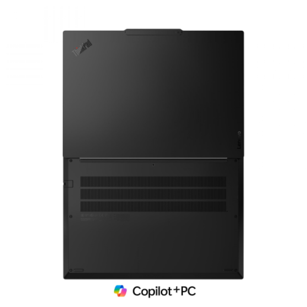 Siyah bir dizüstü bilgisayarın üst ve alt görünümü, altta Copilot+PC yazısı ve renkli simge.