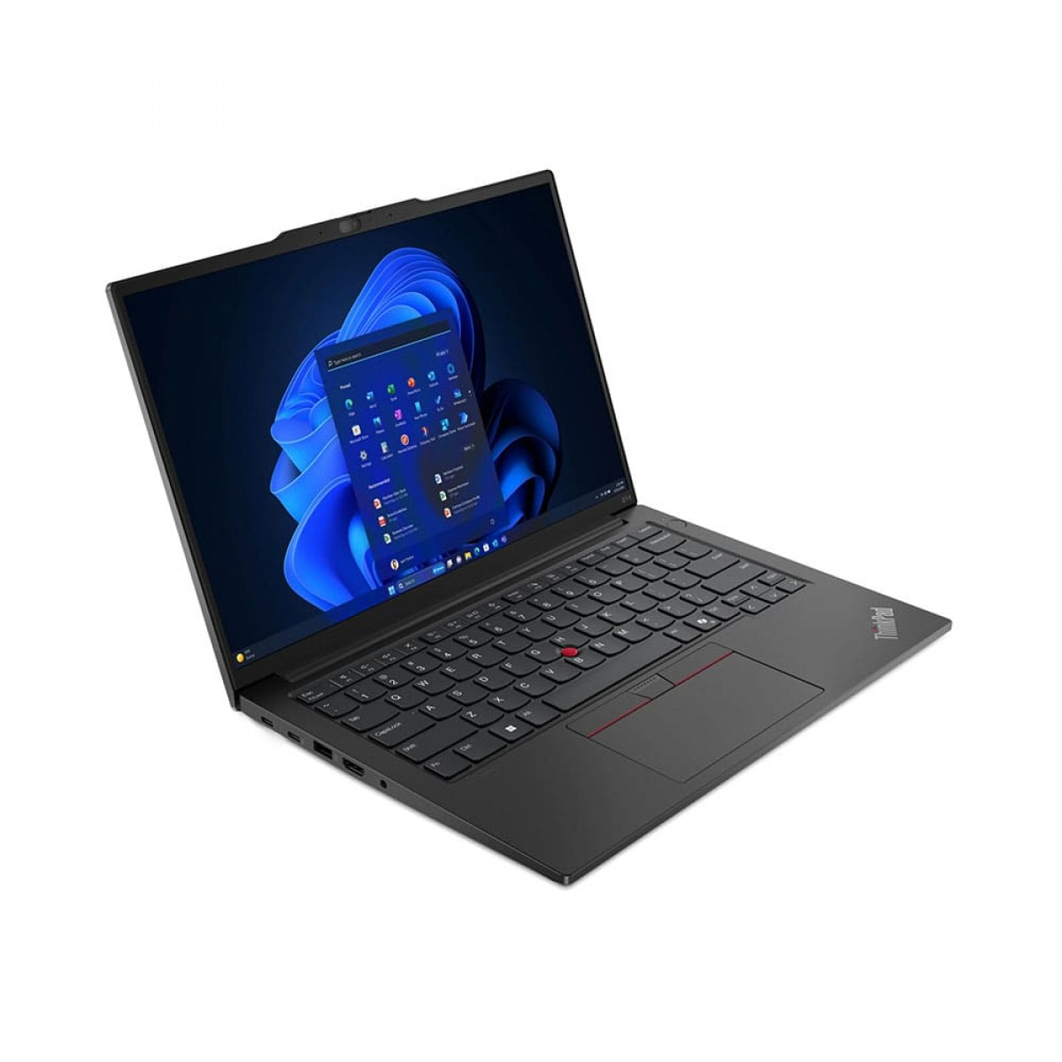 Beyaz arka planda siyah bir dizüstü bilgisayar, açık uygulamalar ve kırmızı TrackPoint içeren mavi bir Windows ekranı gösteriyor.