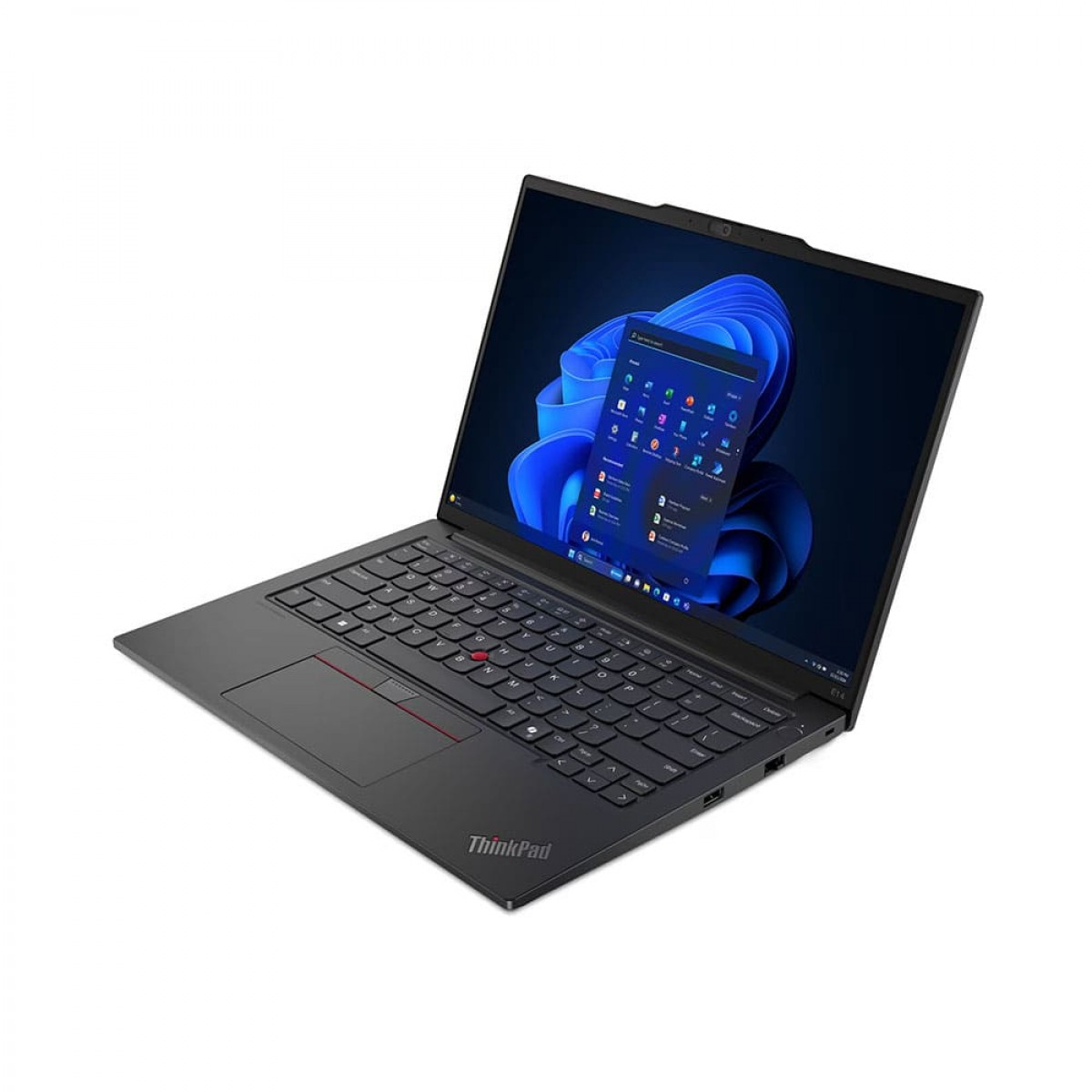 Beyaz bir yuzey uzerinde mavi ekran arka planina sahip siyah bir Lenovo ThinkPad dizustu bilgisayar.