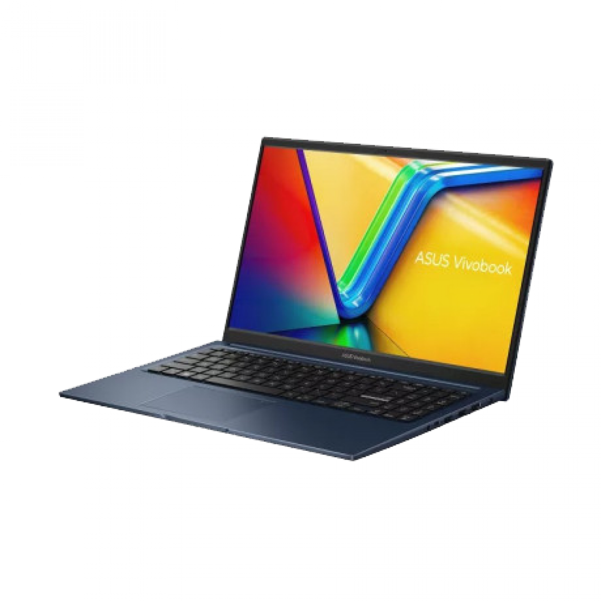 Beyaz arka planda renkli ekrana sahip mavi ASUS Vivobook dizüstü bilgisayar.