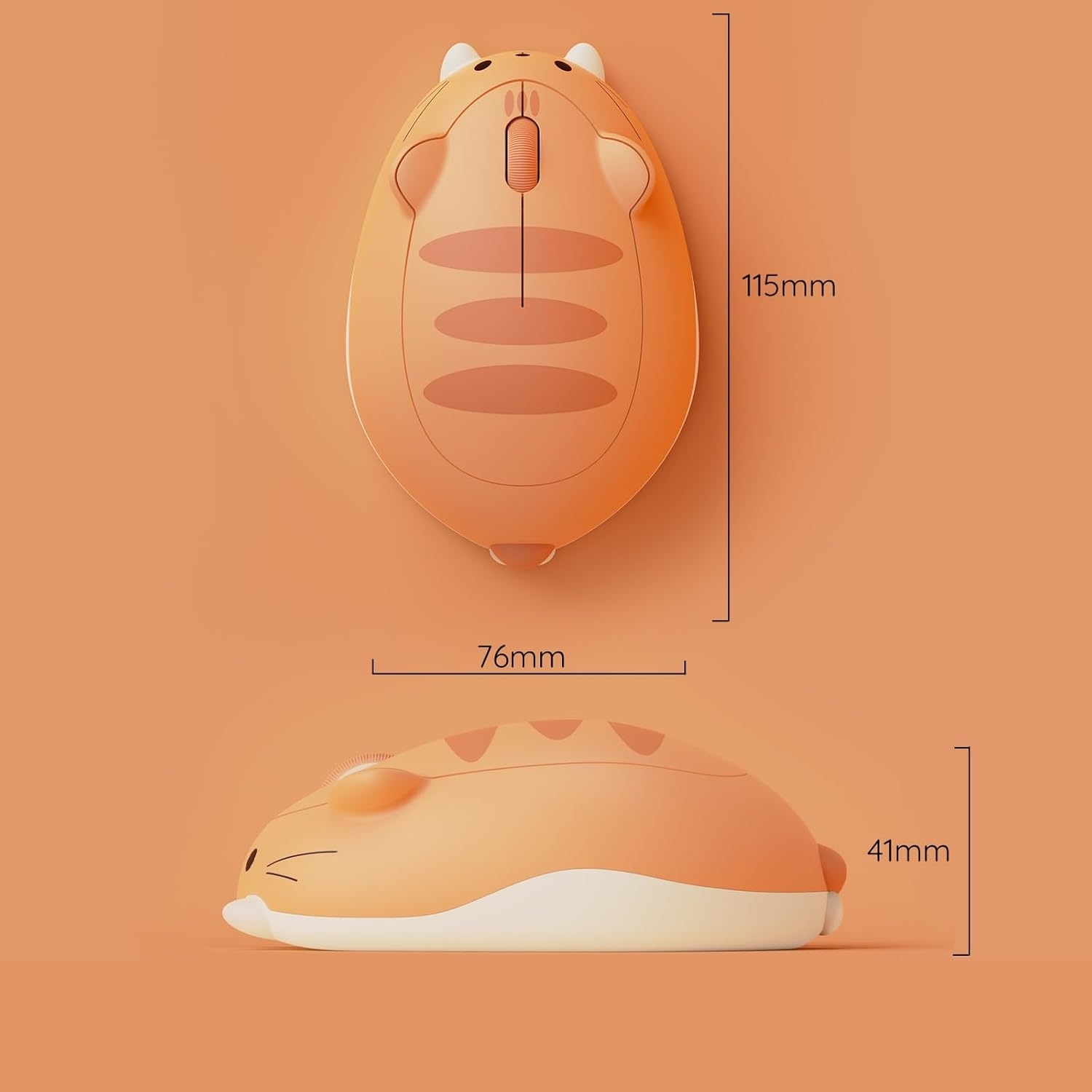 115 mm uzunluk, 76 mm genişlik ve 41 mm yükseklik ölçülerine sahip turuncu hamster şekilli bilgisayar faresi.