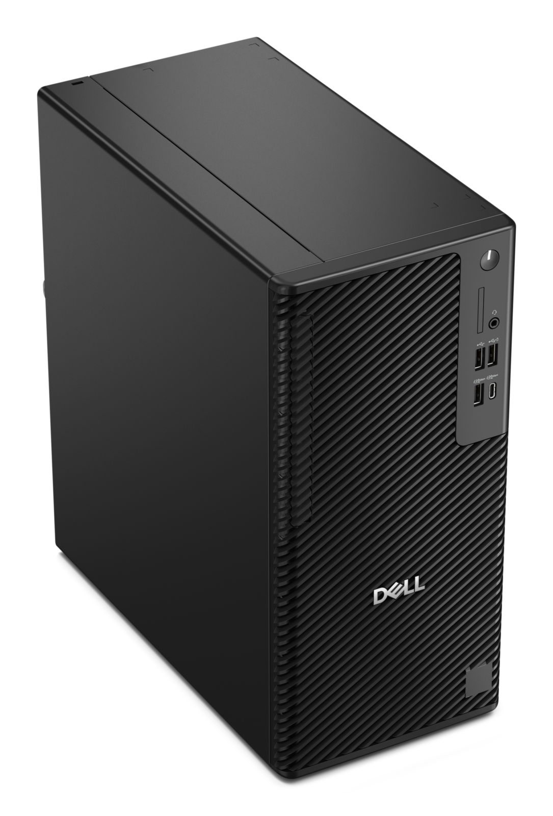 Un computer desktop Dell nero con pannello frontale in rilievo e porte USB su sfondo bianco.