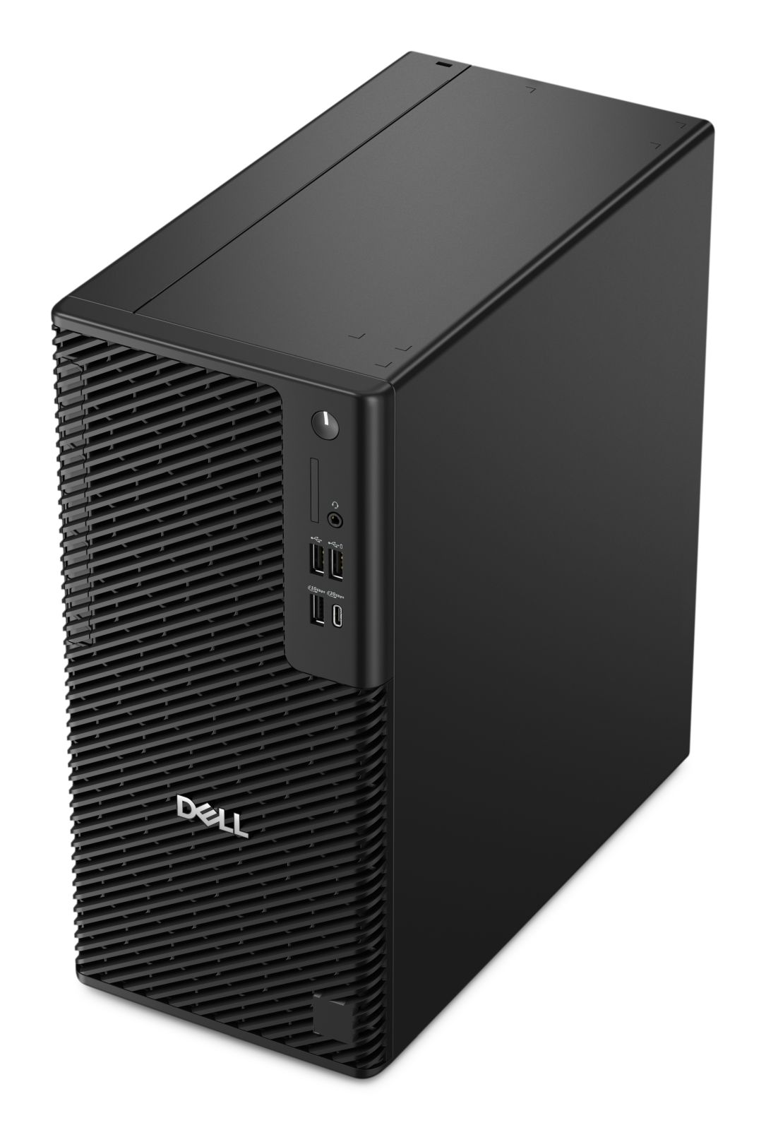 Un tower desktop Dell nero si erge verticalmente su sfondo bianco, dotato di porte USB e audio frontali.