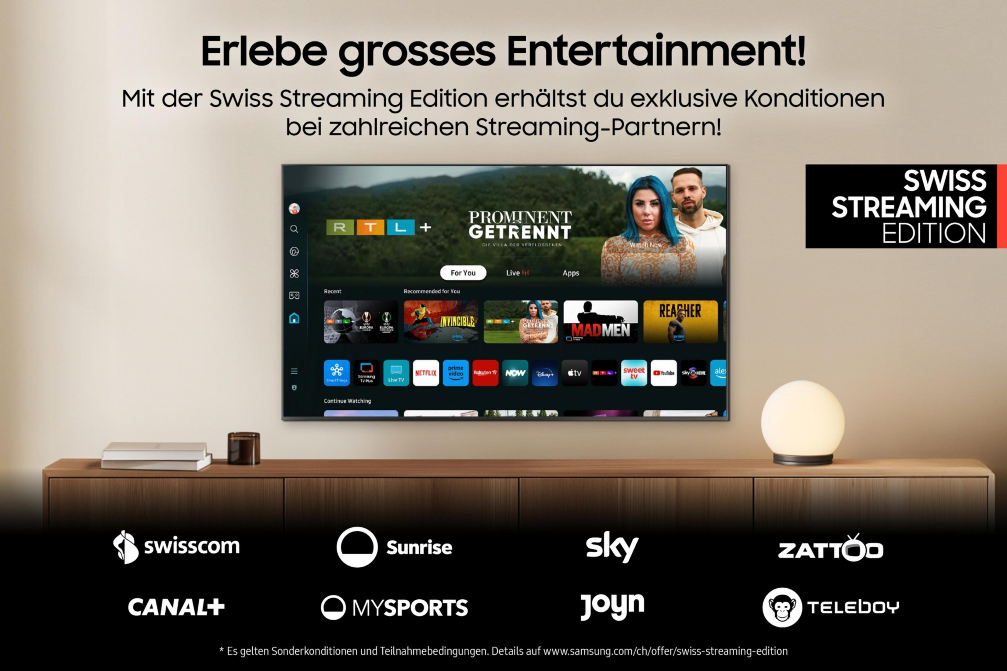Ein Fernseher zeigt ein Streaming-Menü mit Logos bekannter Anbieter im Raum.