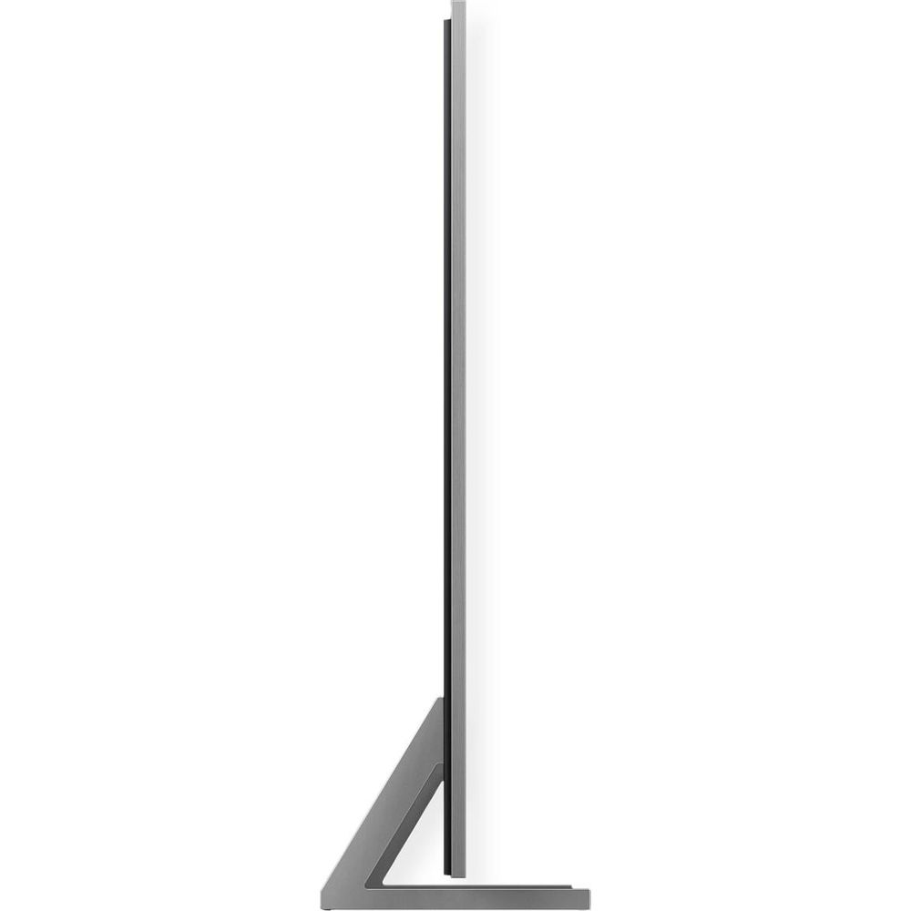 Seitenansicht eines sehr dünnen Fernsehers mit einem stabilen Metallstandfuß vor weißem Hintergrund.