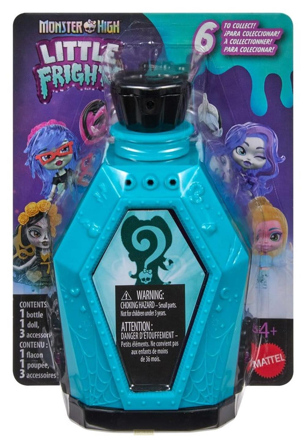Monster High Little Frights Set mit türkiser Sargflasche, Puppe und Zubehör in bunter Verpackung.