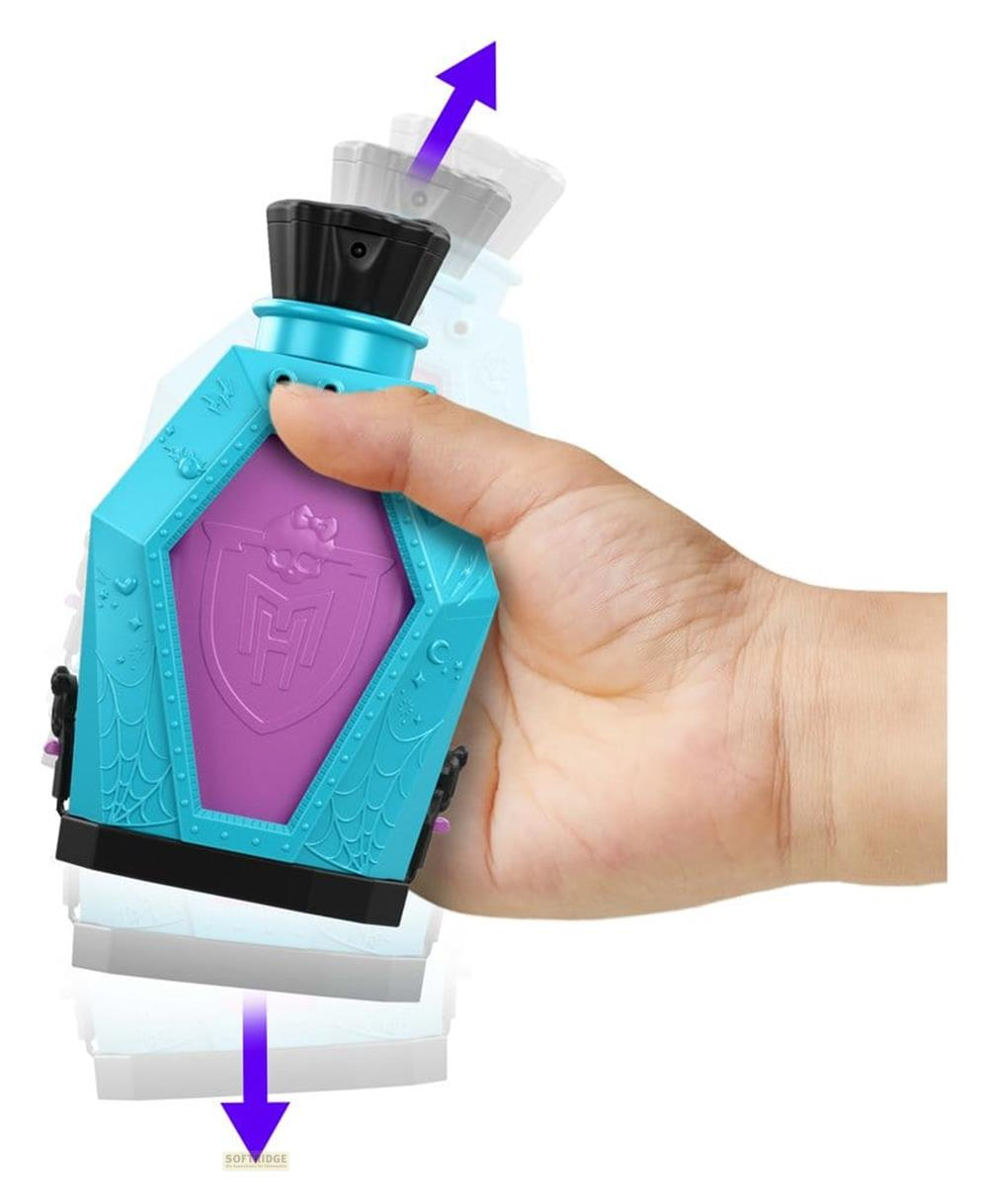 Eine Hand hält eine blaue Spielzeug-Zaubertrankflasche mit violetter Mitte und Zugrichtungspfeilen.