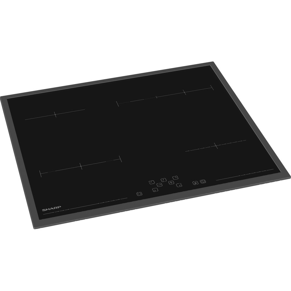 Un piano cottura a induzione Sharp nero con quattro zone e pannello tattile su superficie bianca.