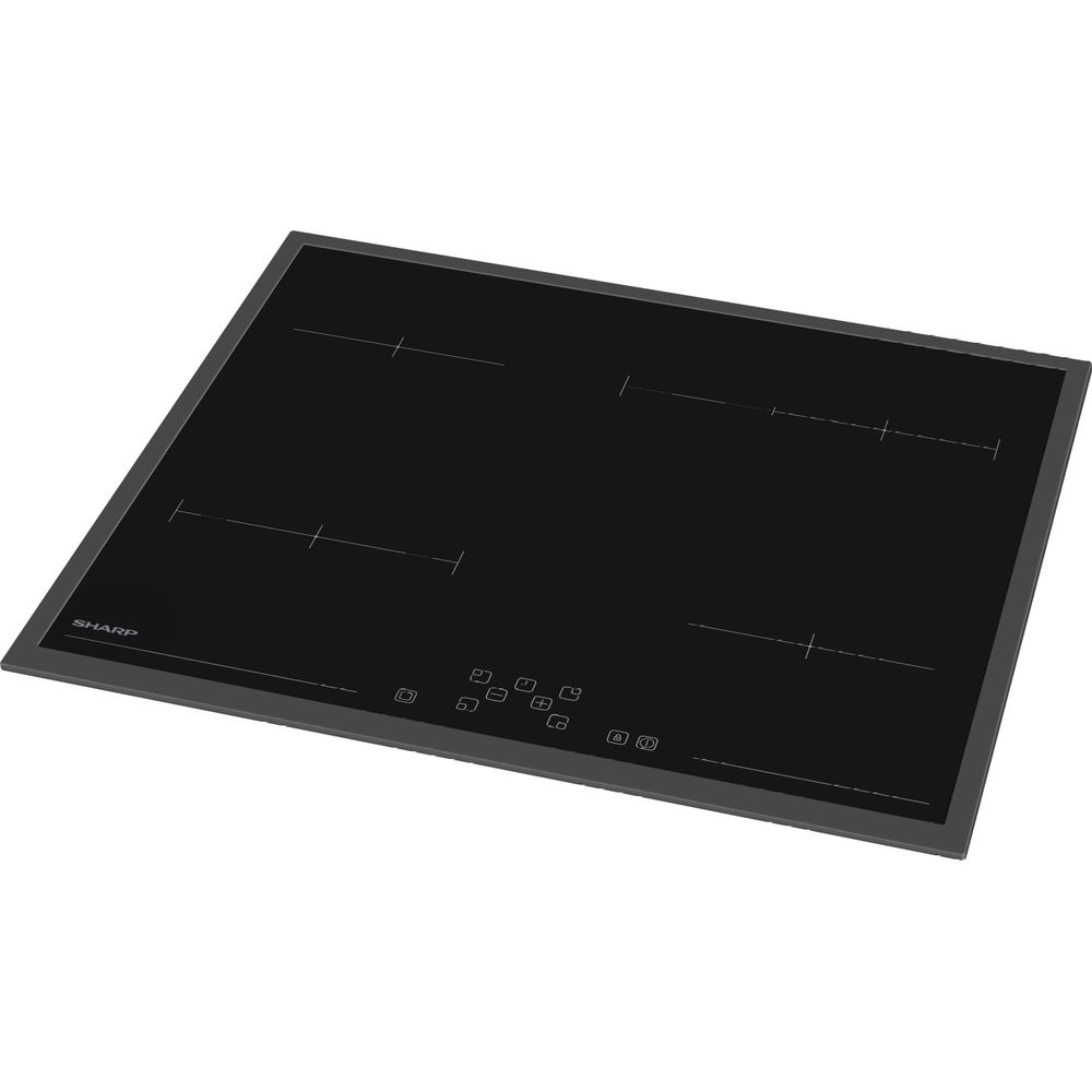 Un piano cottura a induzione Sharp nero con quattro zone e pannello touch su superficie bianca.