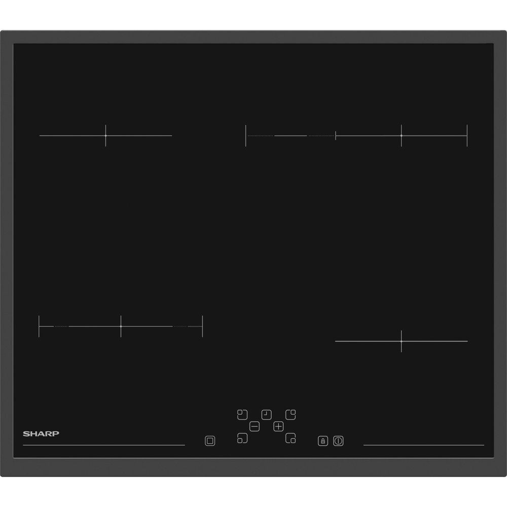 Piano cottura a induzione Sharp nero con quattro zone e pannello tattile.