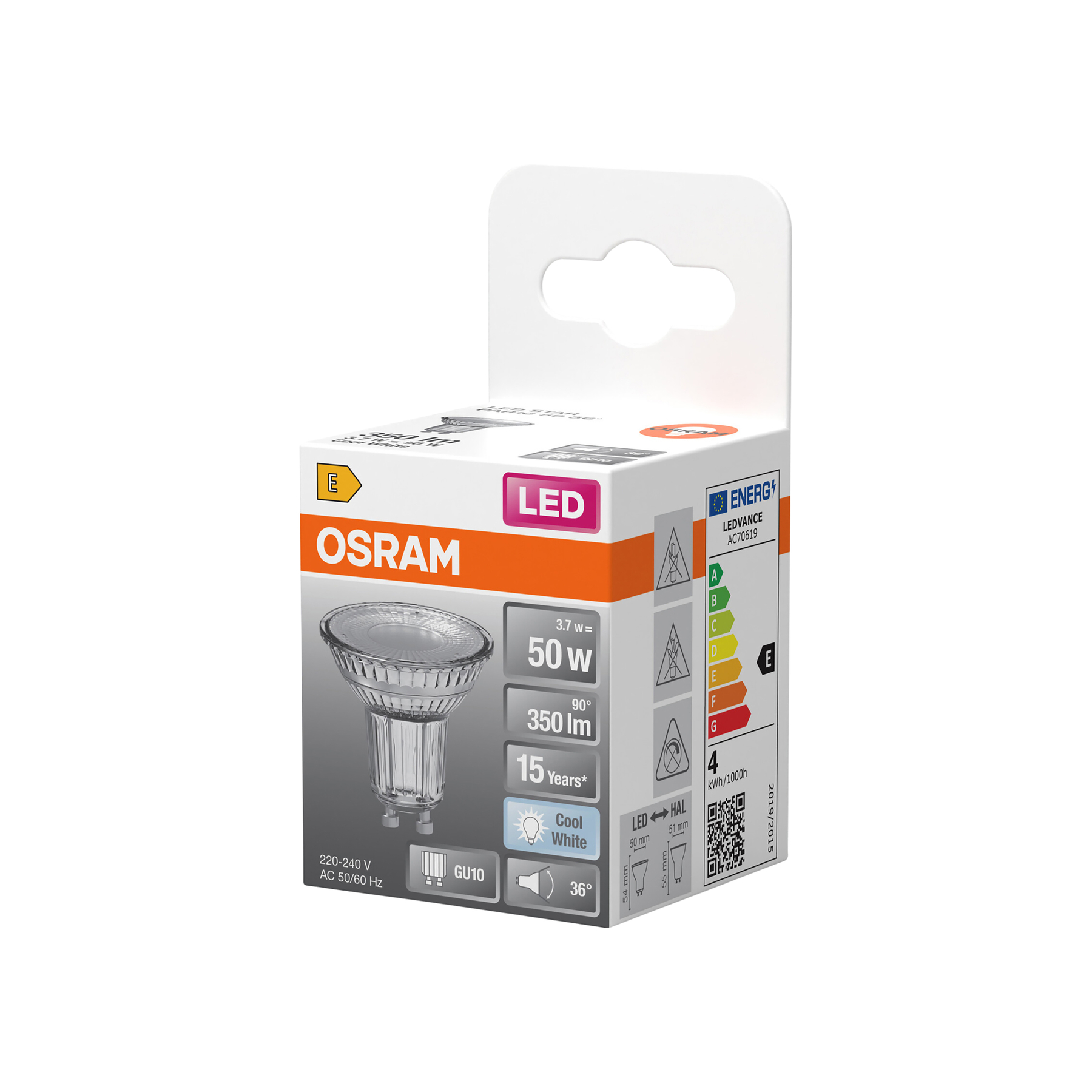 Osram LED-Glühbirnenverpackung mit Energieeffizienzklasse E, technischen Daten und Glühbirnenabbildung.