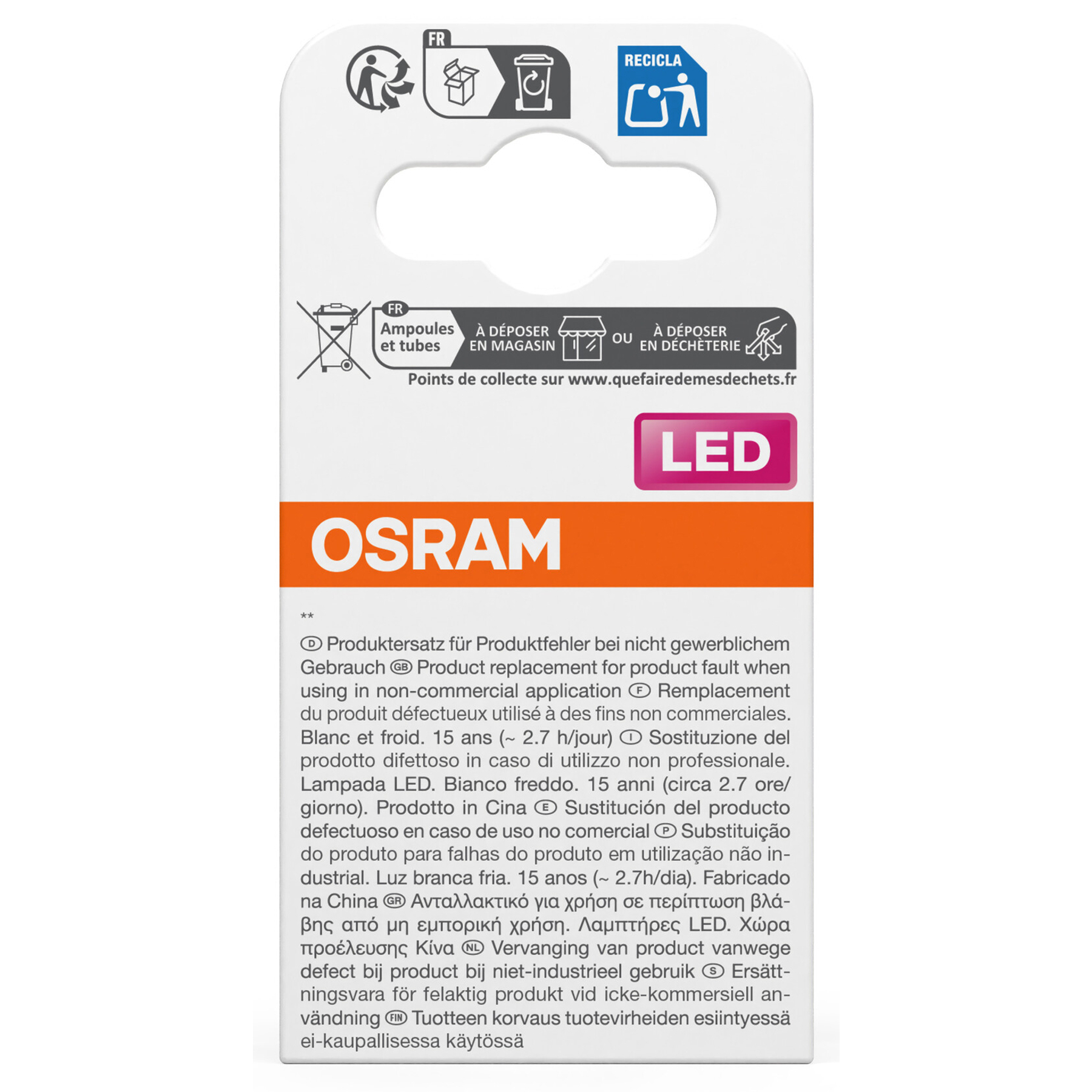 OSRAM LED Verpackung mit Recycling-Symbolen und mehrsprachigem Text.