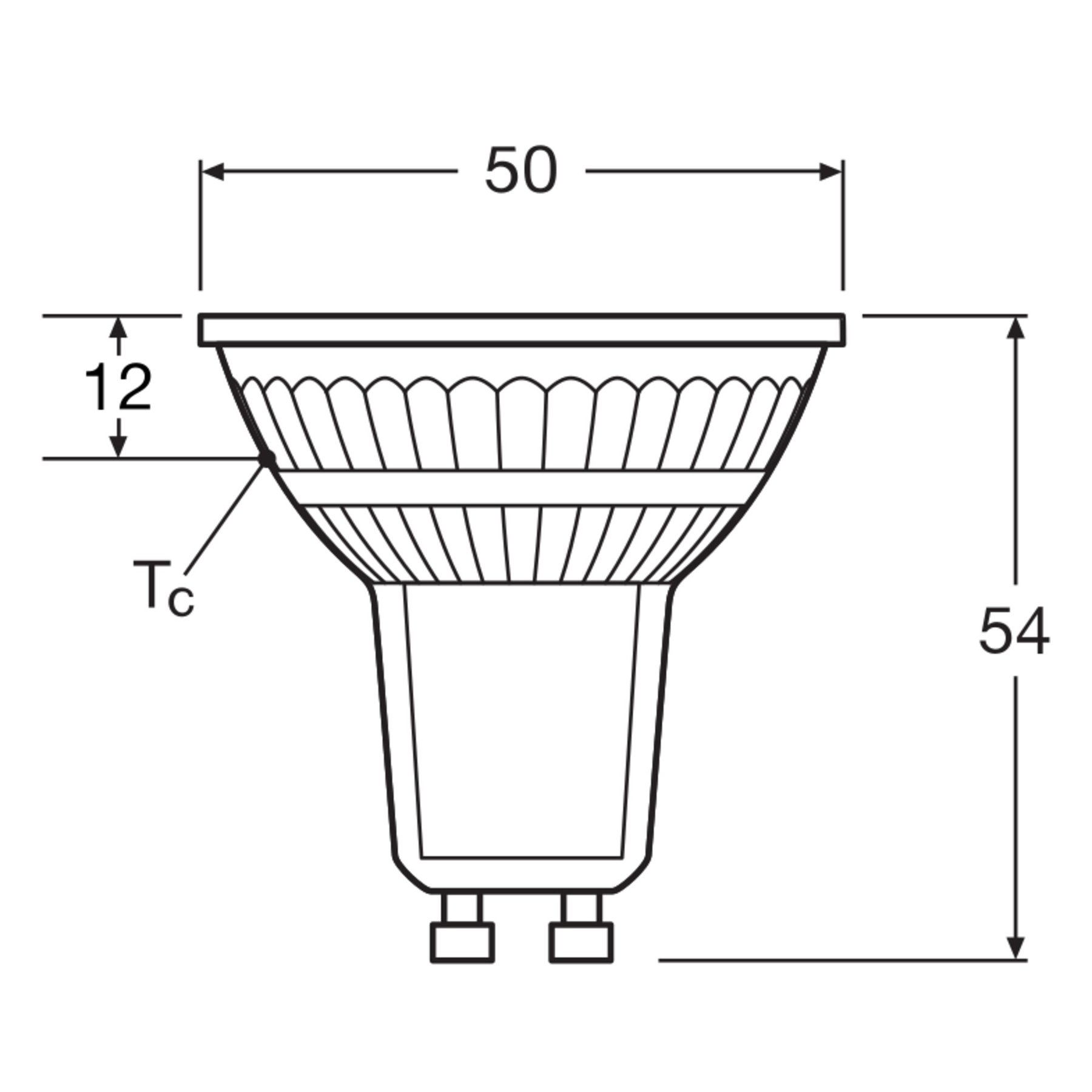 Technische Zeichnung einer LED-Lampe mit Bemaßung von 50mm Durchmesser und 54mm Höhe.