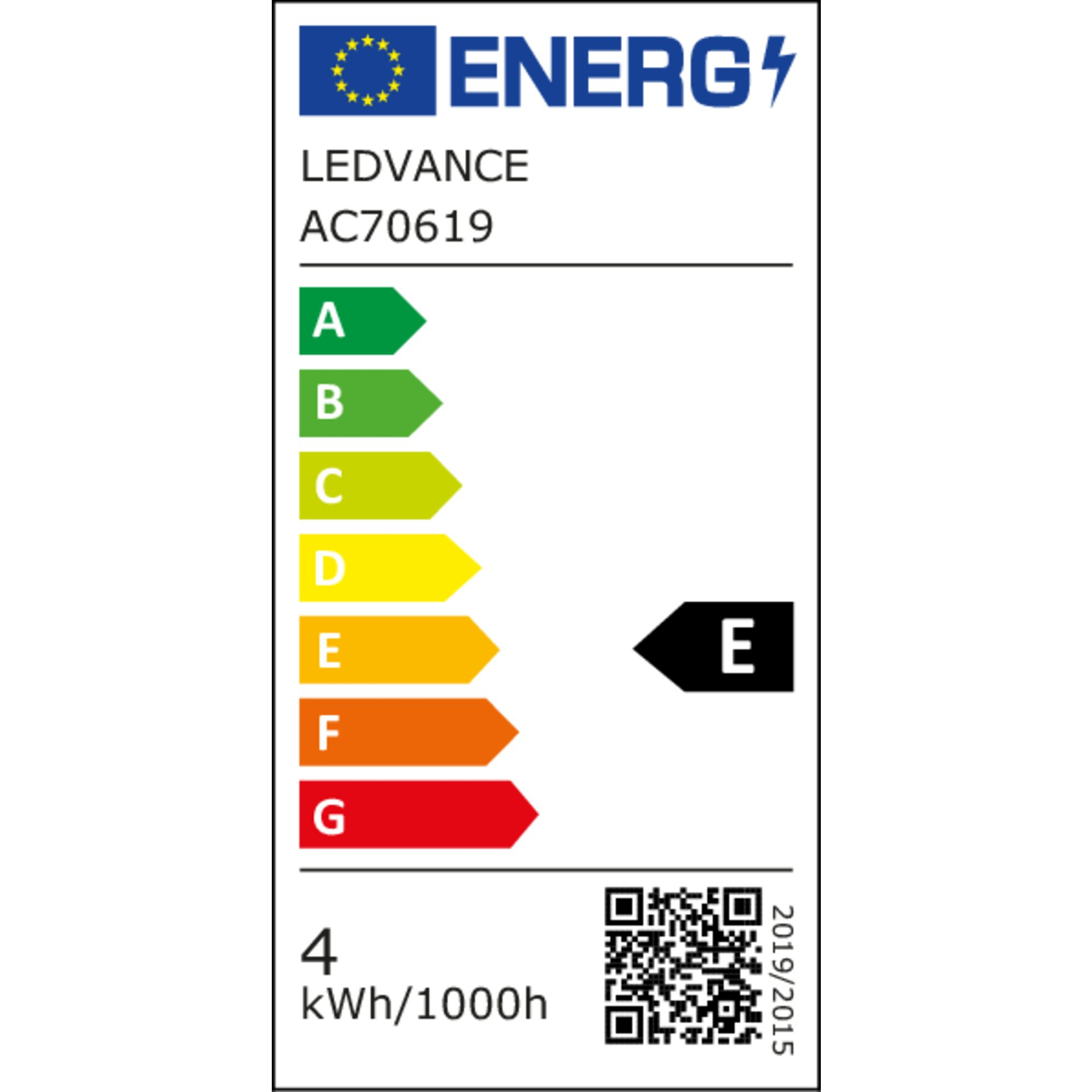EU-Energieetikett für LEDVANCE AC70619 mit Energieeffizienzklasse E und 4 kWh/1000h.