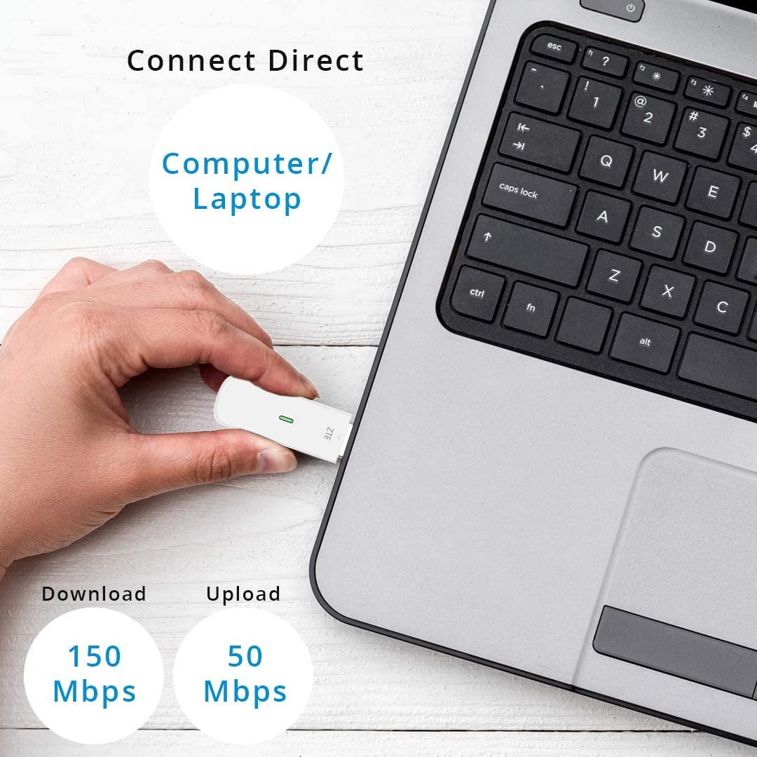 Eine Hand steckt ein weißes USB-Modem in einen Laptop auf einem Holztisch mit Text.