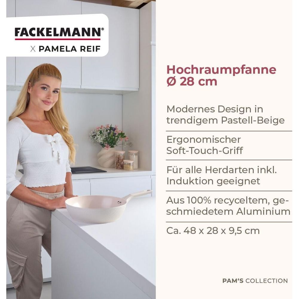 Pamela Reif präsentiert eine beige Fackelmann Hochraumfpanne in einer modernen Küche mit Textangaben.