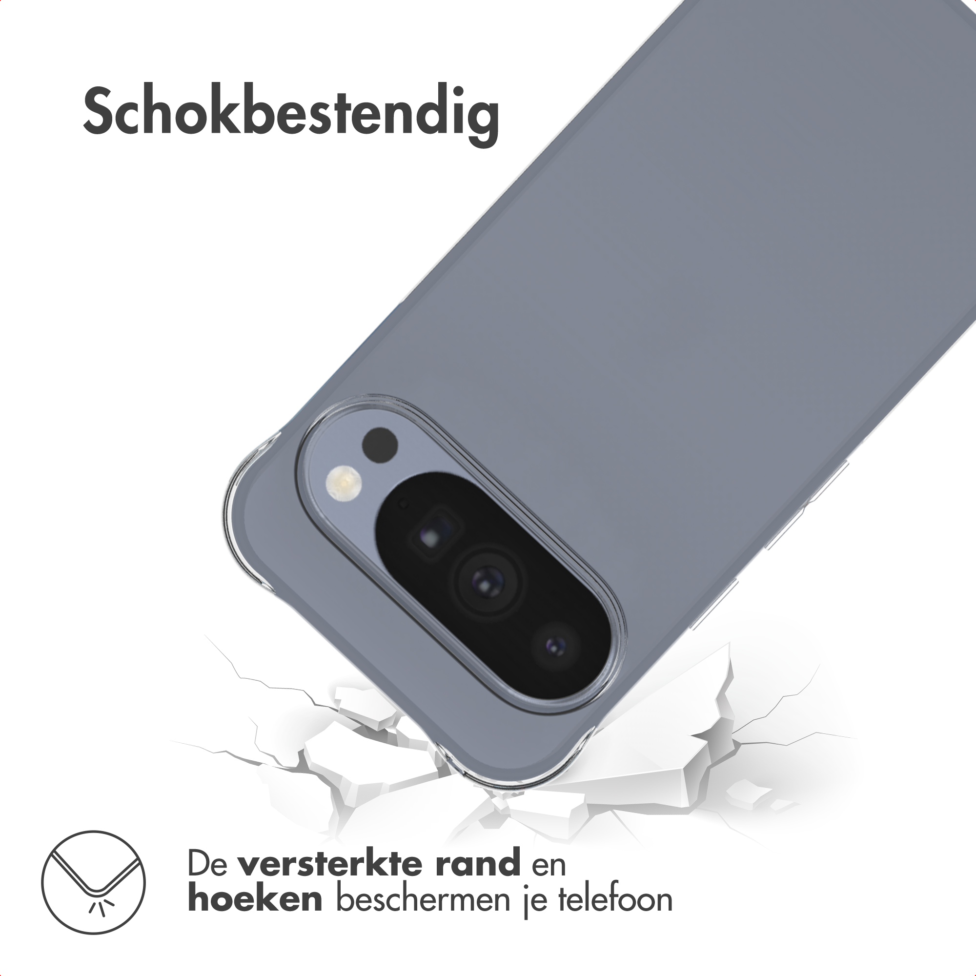 Shockproof grey phone case with reinforced corners on a cracked white background.