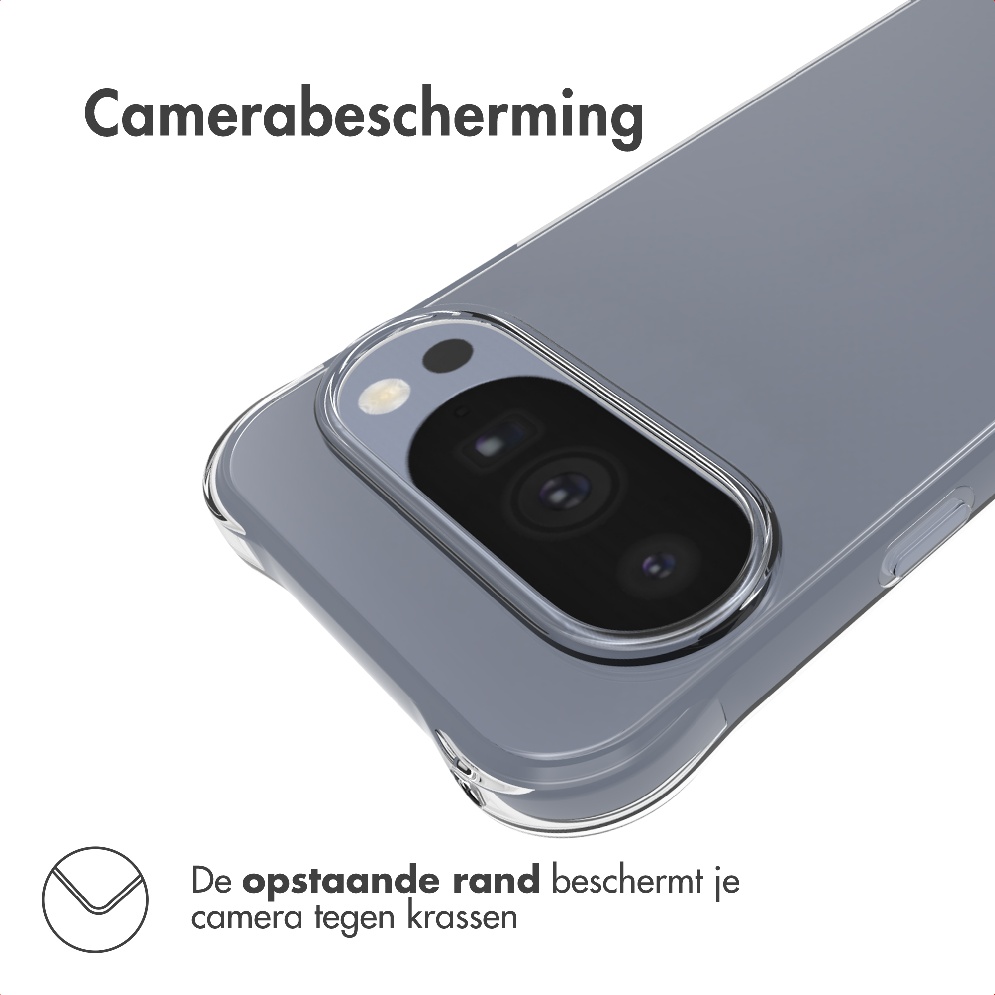Clear phone case highlighting camera lens protection with a raised edge against scratches.