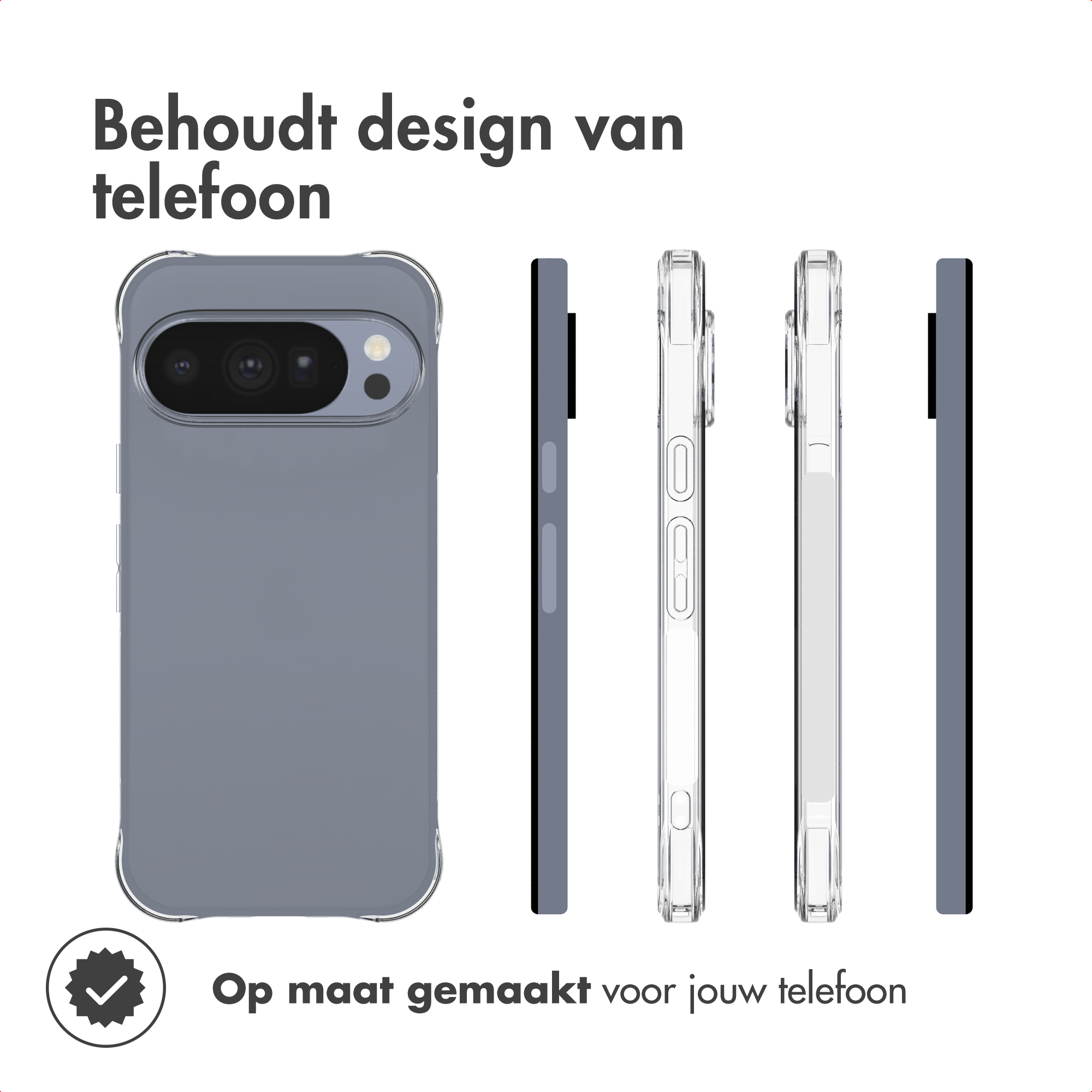 A clear phone case showing multiple angles and a phone with Dutch text at the top and bottom.