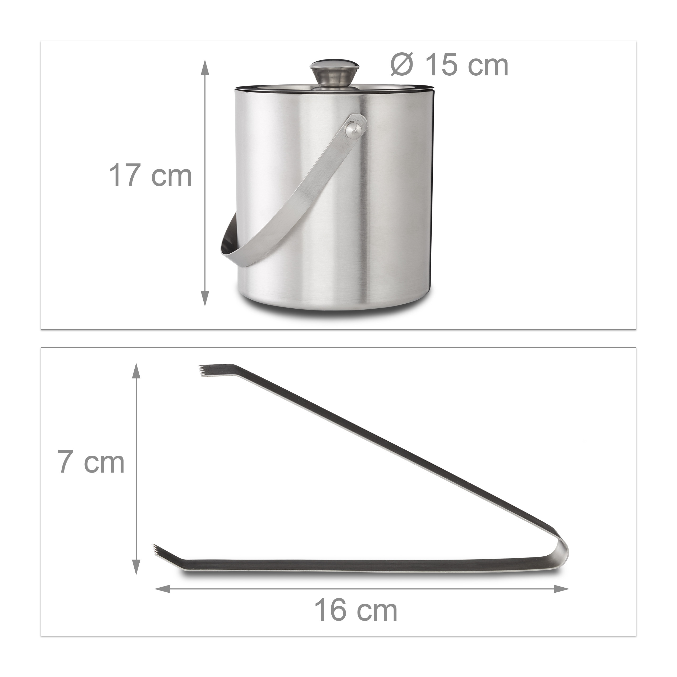 Diagramm mit Maßen einer Eistonne (17x15 cm) und einer Eiszange (16x7 cm) aus Edelstahl.
