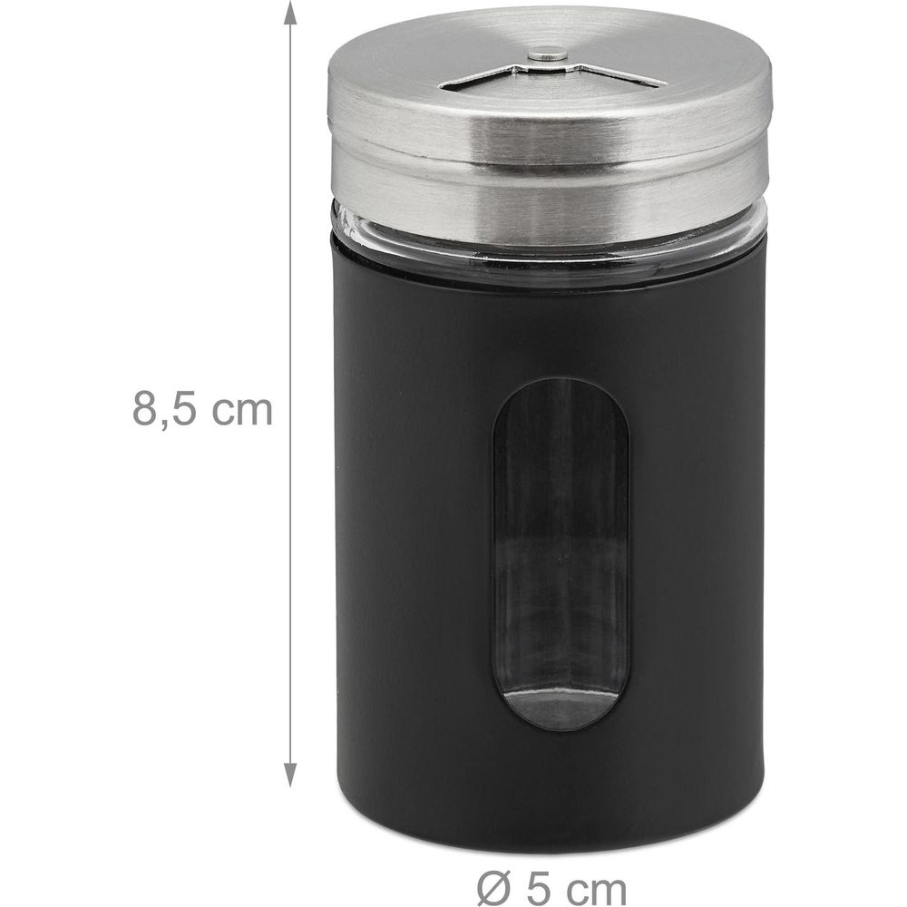 Schwarzes Gewürzglas mit Edelstahl-Streudeckel und Maßen von 8,5x5 cm vor weißem Hintergrund.