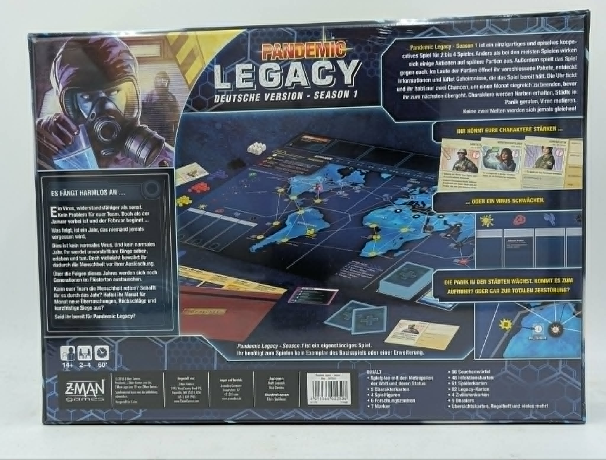 Rückseite der Brettspielverpackung von Pandemic Legacy Season 1 mit Spielteilen und Text.