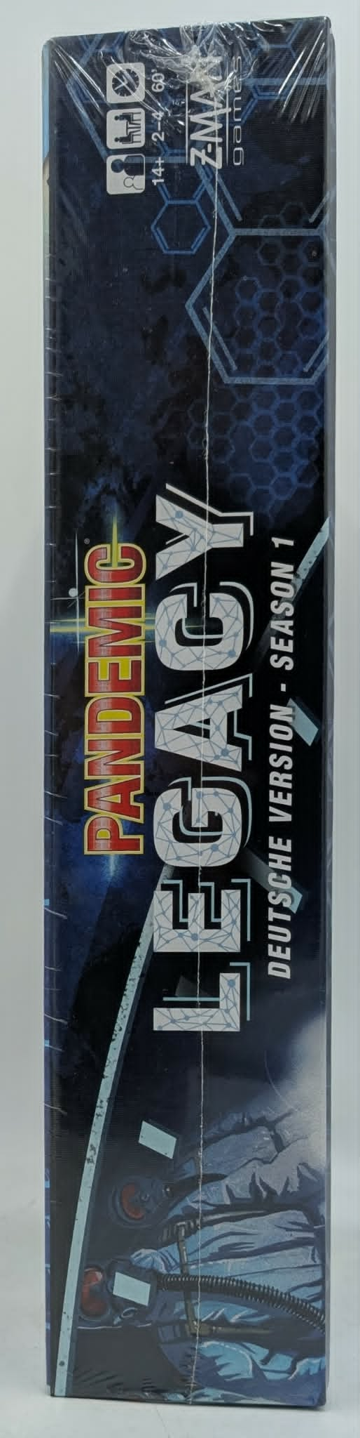 Seitenansicht der Brettspielbox Pandemic Legacy Season 1 auf Deutsch mit blauem Design.