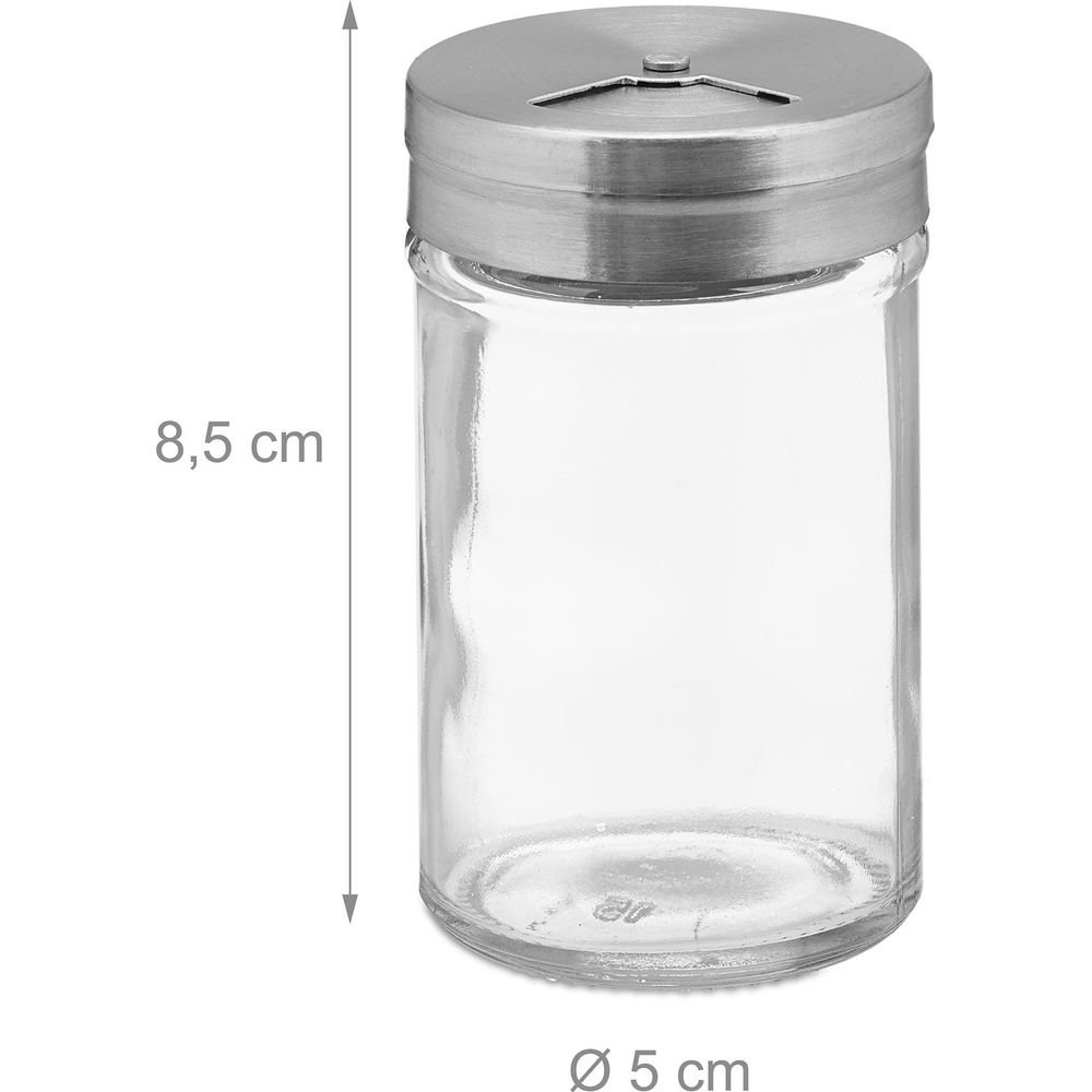 Ein kleines Glas mit Metalldeckel, 8,5 cm hoch und 5 cm im Durchmesser.