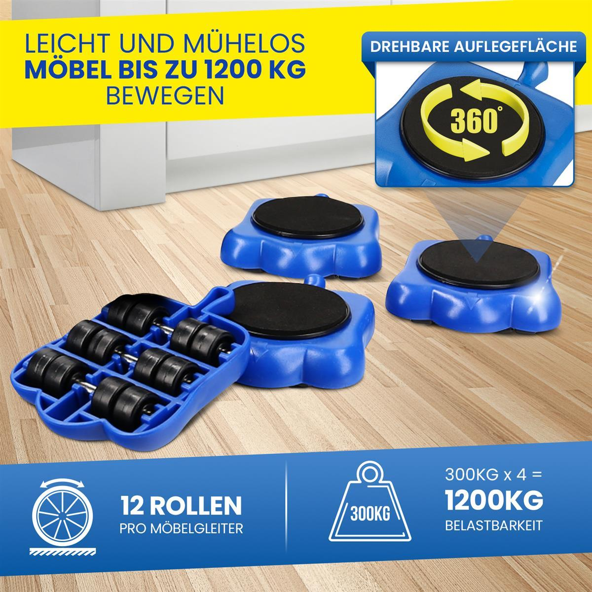 Blaue Möbelroller mit je 12 Rollen und 360-Grad-Drehfläche für bis zu 1200 kg Last.