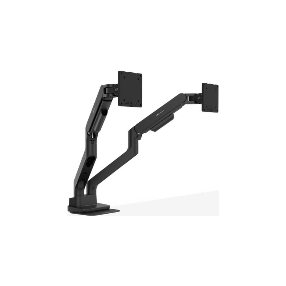 A black dual monitor desk mount with adjustable arms and VESA brackets on a white surface.